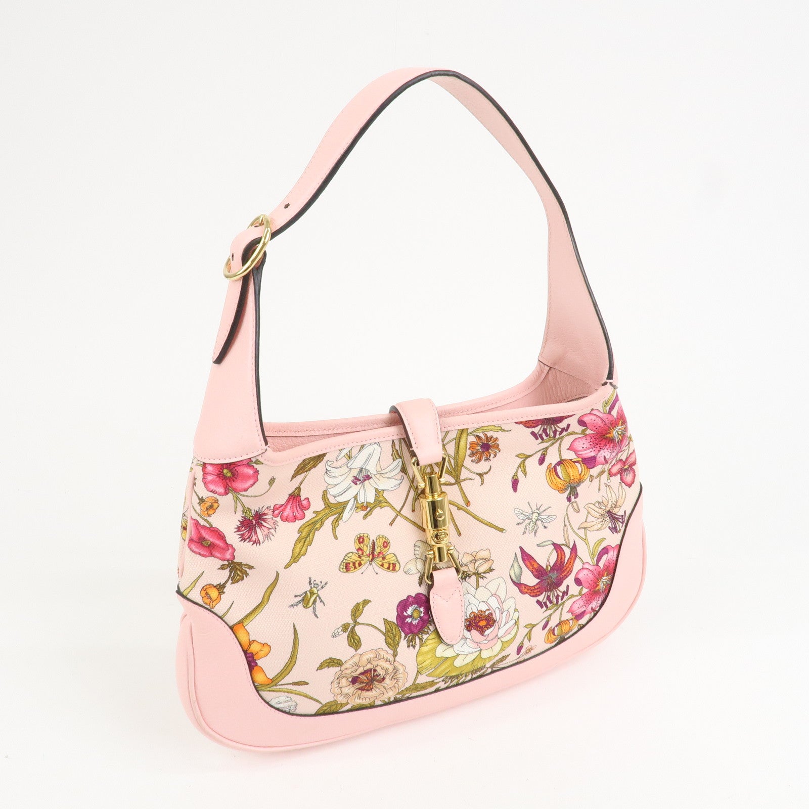 GUCCI New Jackie Flora Canvas Leather Shoulder Bag Hand Bag Pink 550152