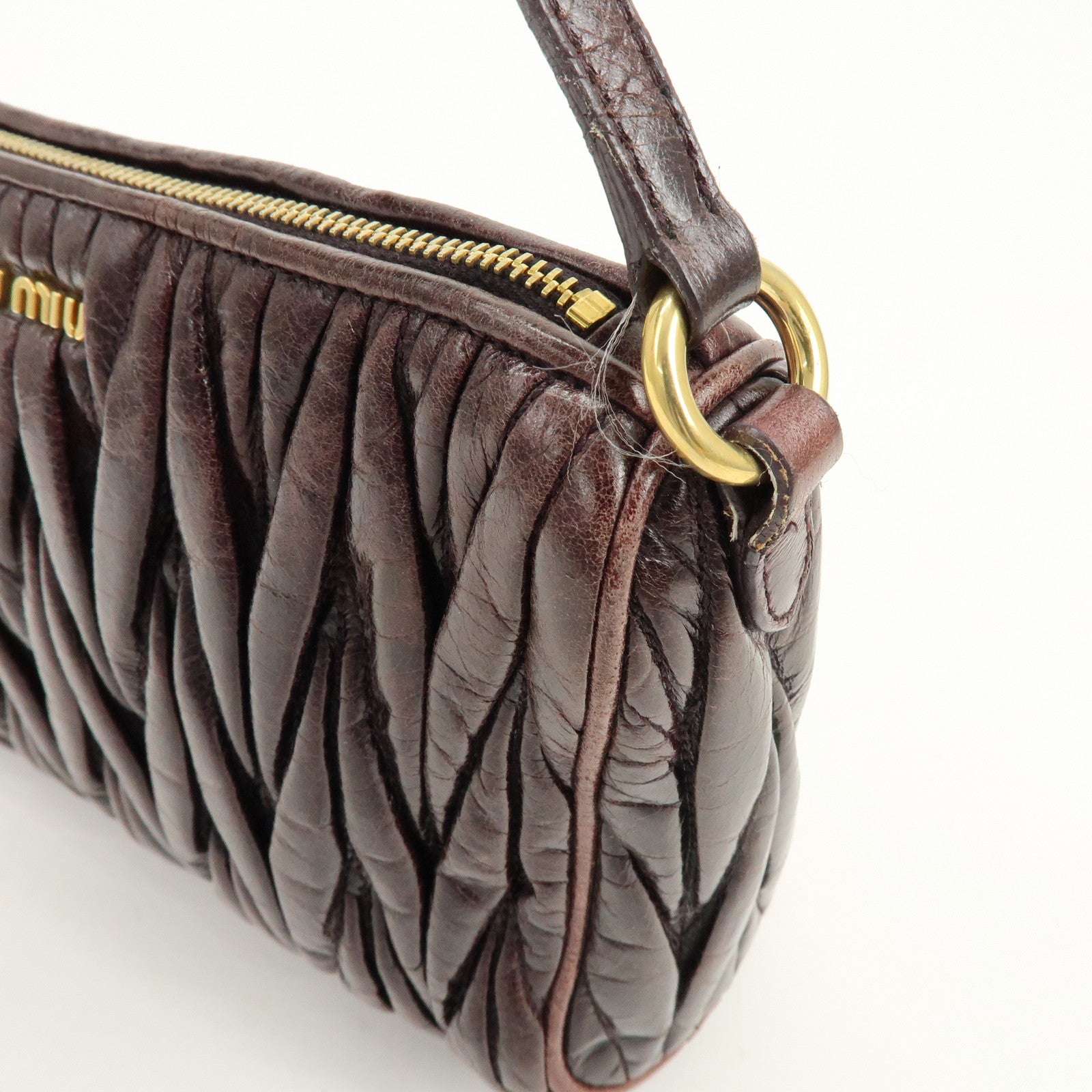 MIU MIU Matelasse Gathered Leather Hand Bag Brown