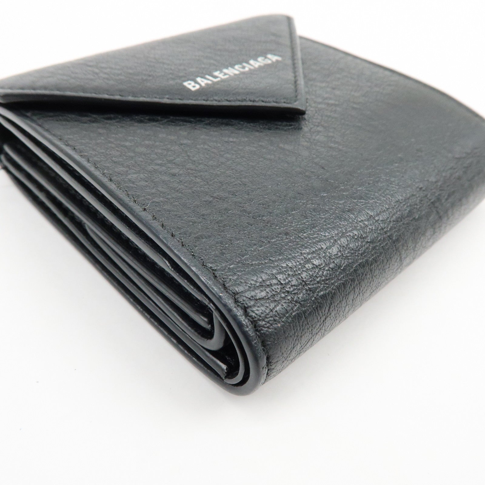 BALENCIAGA Logo Leather Bi-fold Compact Flap Wallet Black 637450