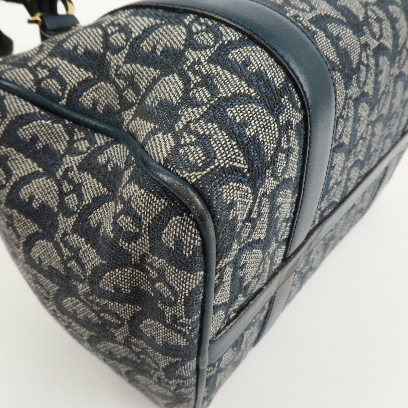 Christian Dior Oblique Canvas Leather Boston Bag Hand Bag Navy