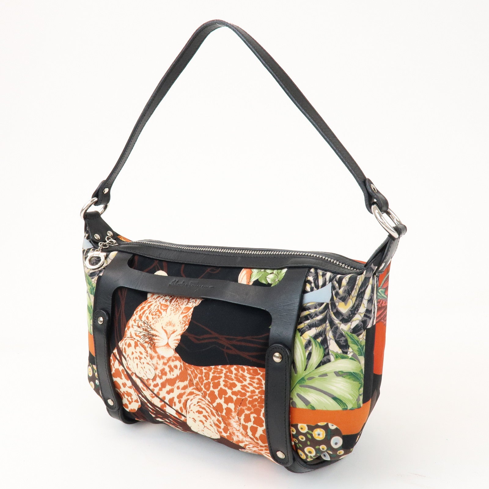 Ferragamo Nylon Leather Shoulder Bag Black Multicolor Animal