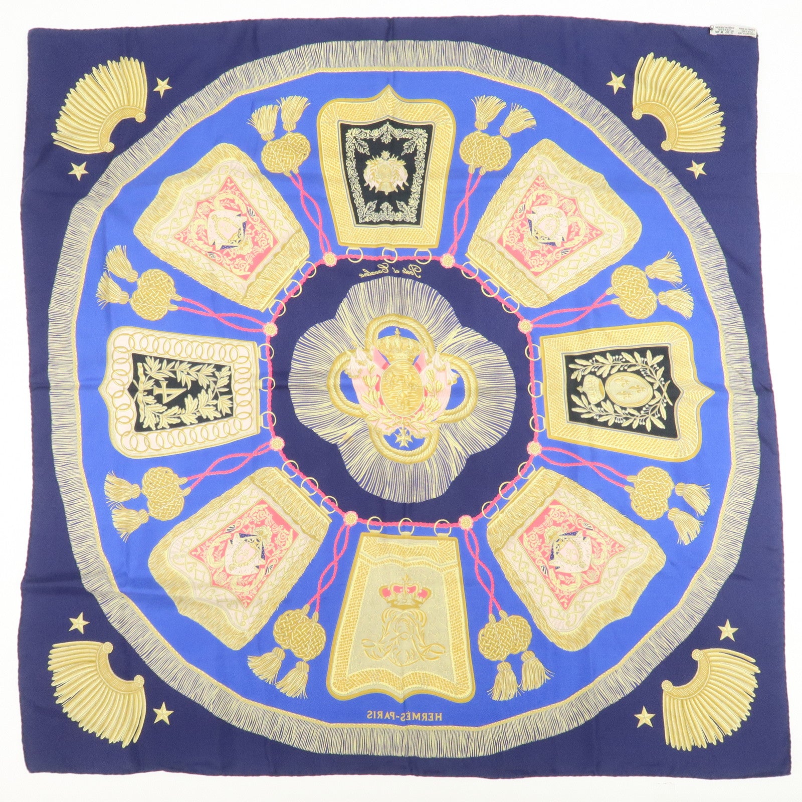 HERMES Carre 90 Silk 100% Paste et Bavalerie Scarf Blue Gold
