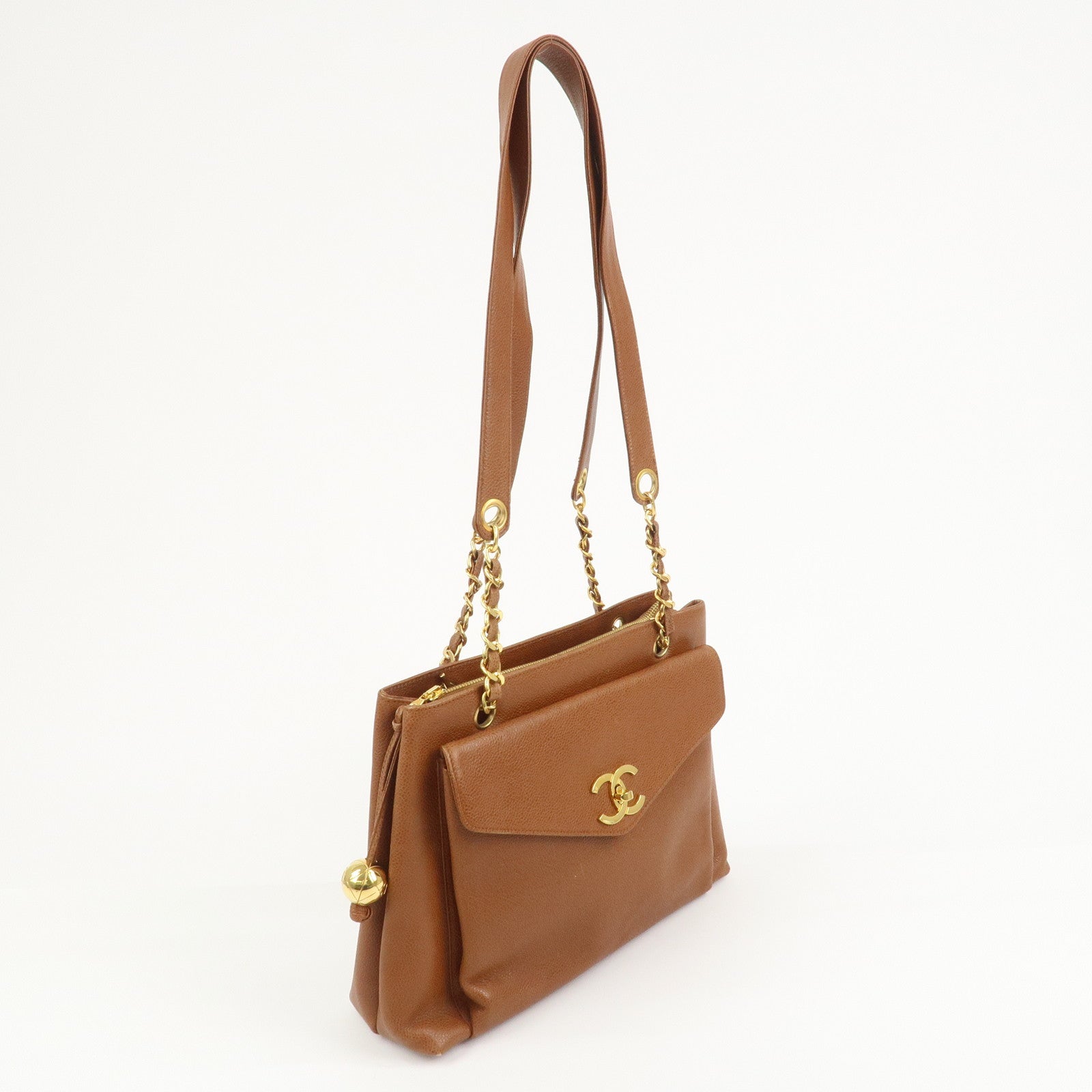 CHANEL COCO Mark Caviarskin Turn Lock Chain Shoulder Bag Brown