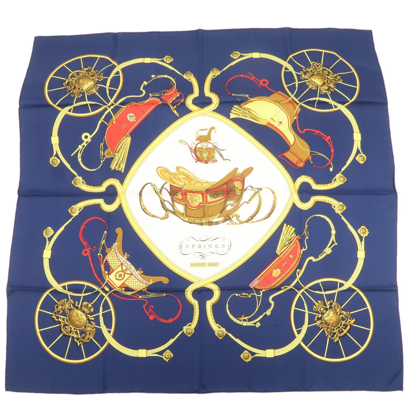 HERMES Carre 90 Silk 100% Scarf SPRINGS Navy