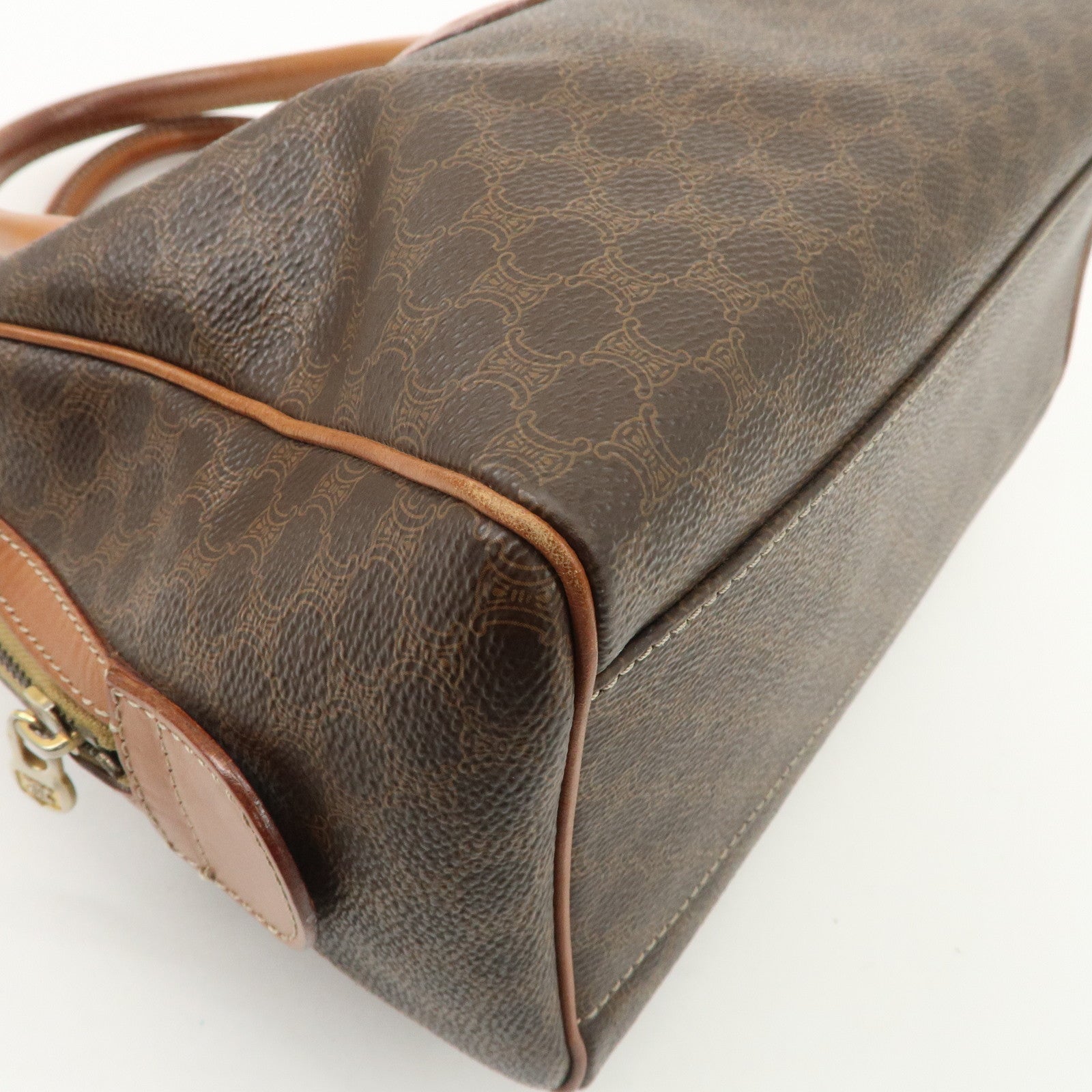 CELINE Macadam Leather PVC Boston Bag Hand Bag Brown Used