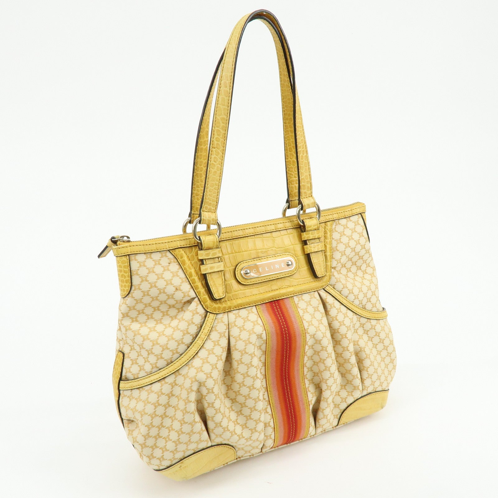 CELINE Macadam Embossed Leather Tote Bag Shoulder Bag Yellow Beige