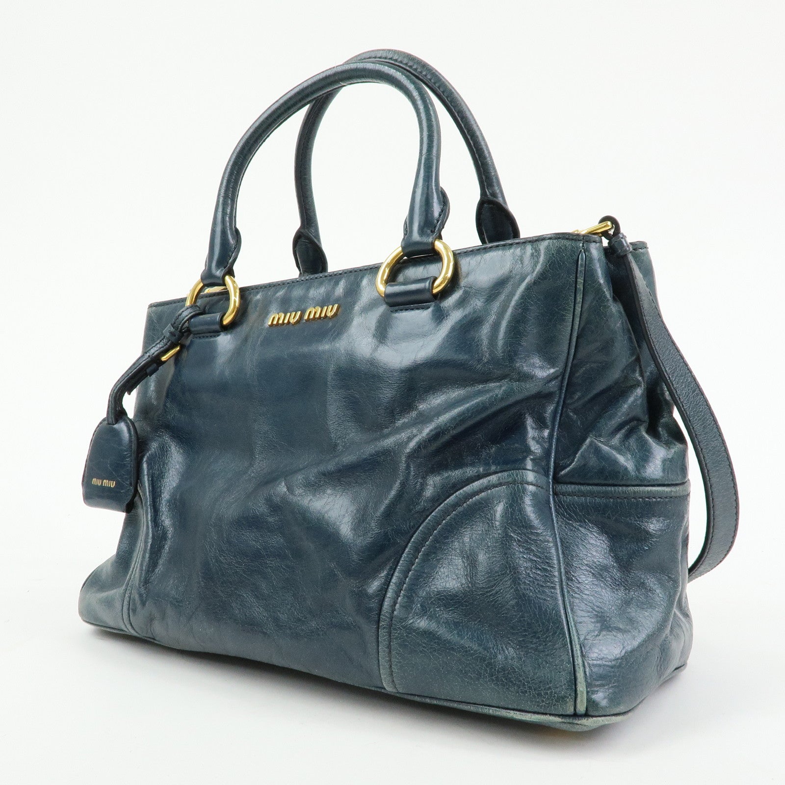 MIU MIU Logo Leather 2Way Bag Hand Bag Shoulder Bag Navy