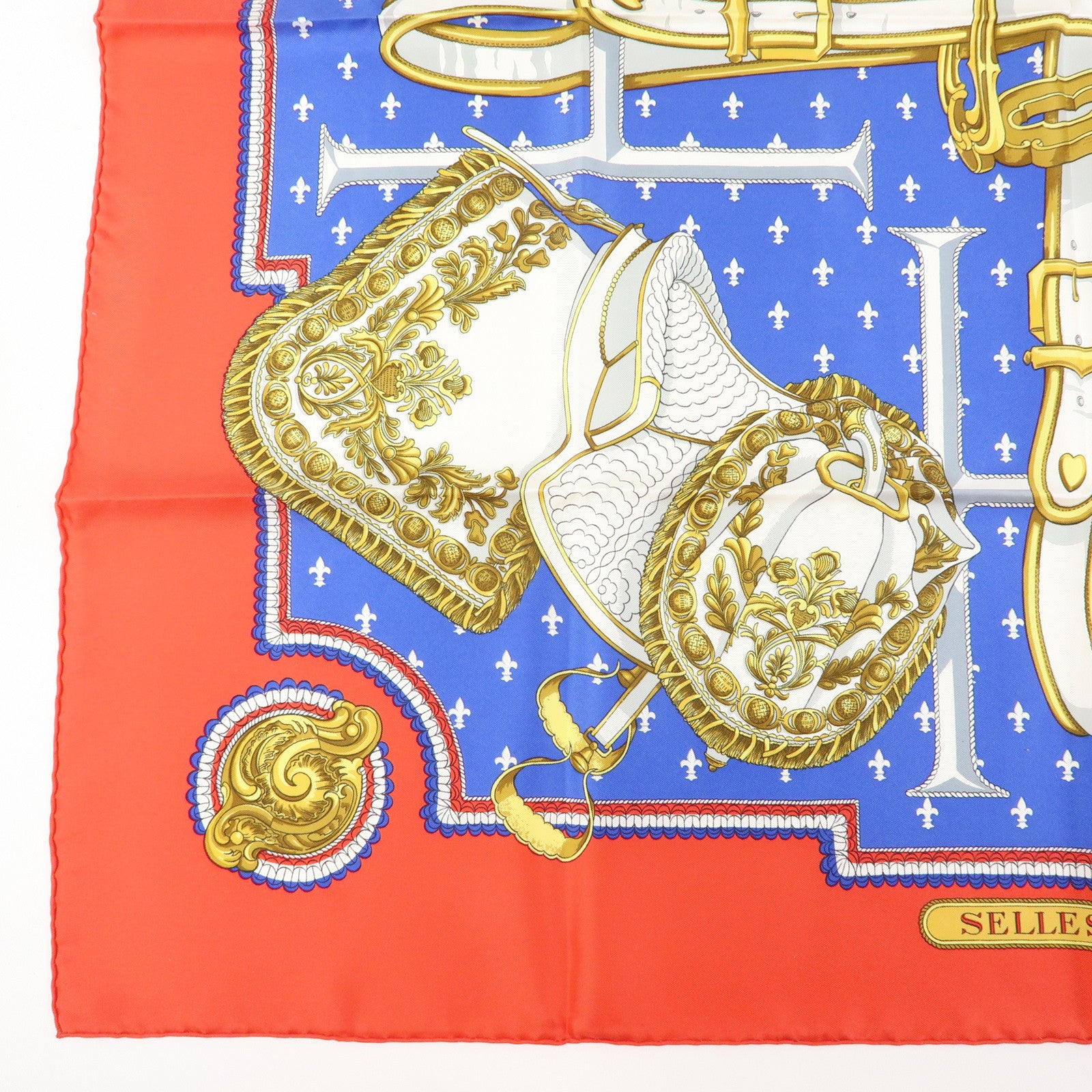 HERMES Carre 90 Silk 100% Scarf SELLES A HOUSSE Blue White Gold Red
