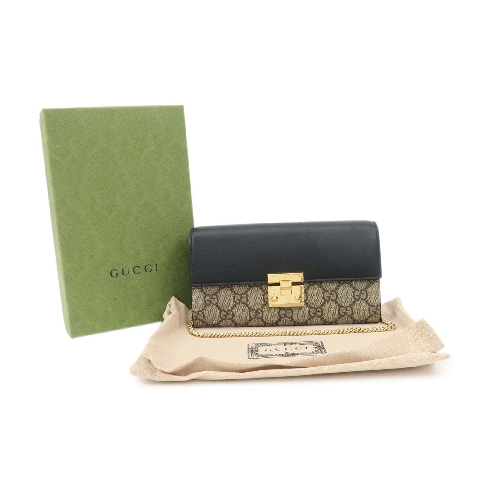 GUCCI GG Supreme Leather Chain Wallet WOC Beige Black 779774
