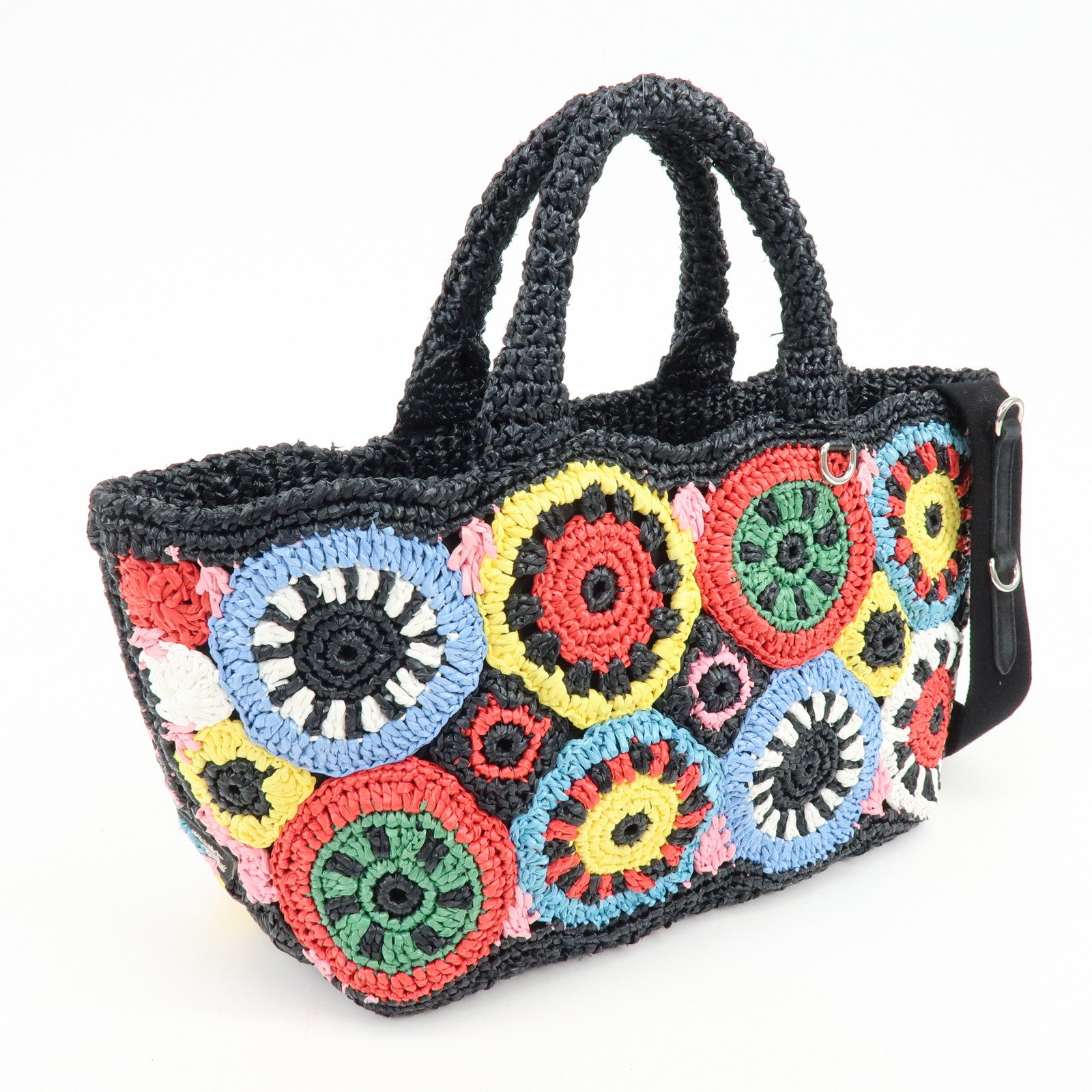 PRADA Triangle Logo Raffia 2Way Hand Bag Black Multicolor 1BG889