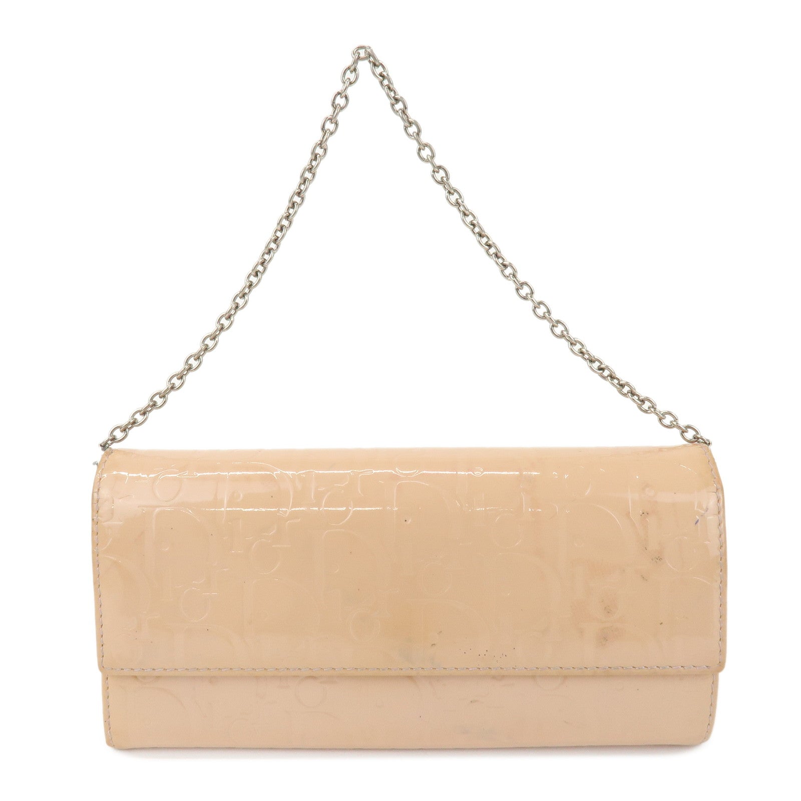 Christian Dior Patent Leather Chain Wallet Long Wallet WOC Beige