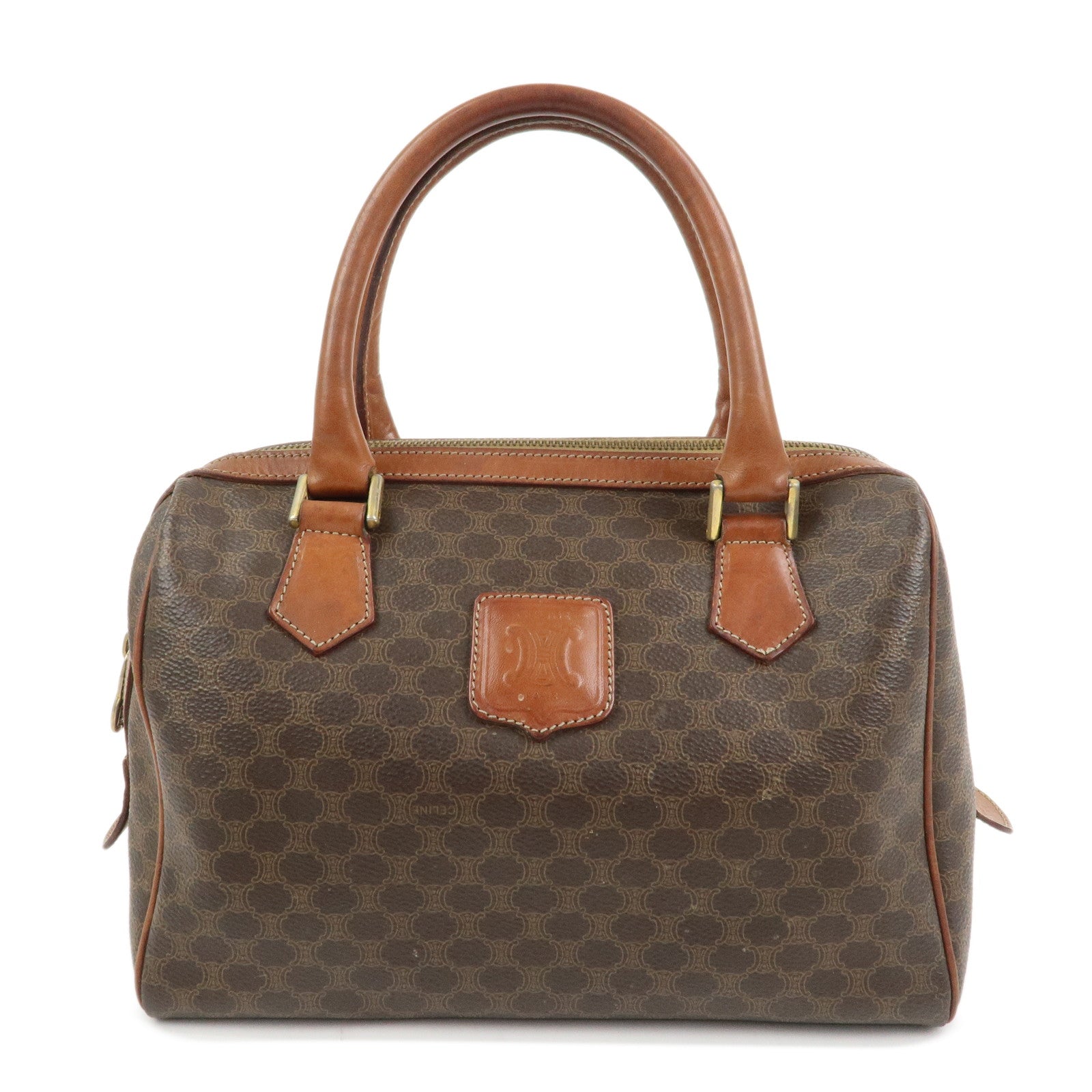 CELINE Macadam PVC Canvas Leather Boston Bag Hand Bag Brown