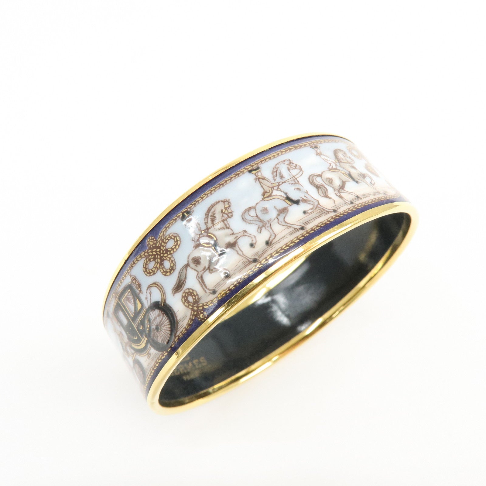 HERMES Email GM Metal Bangle Bracelet Carriage Light Blue Gold