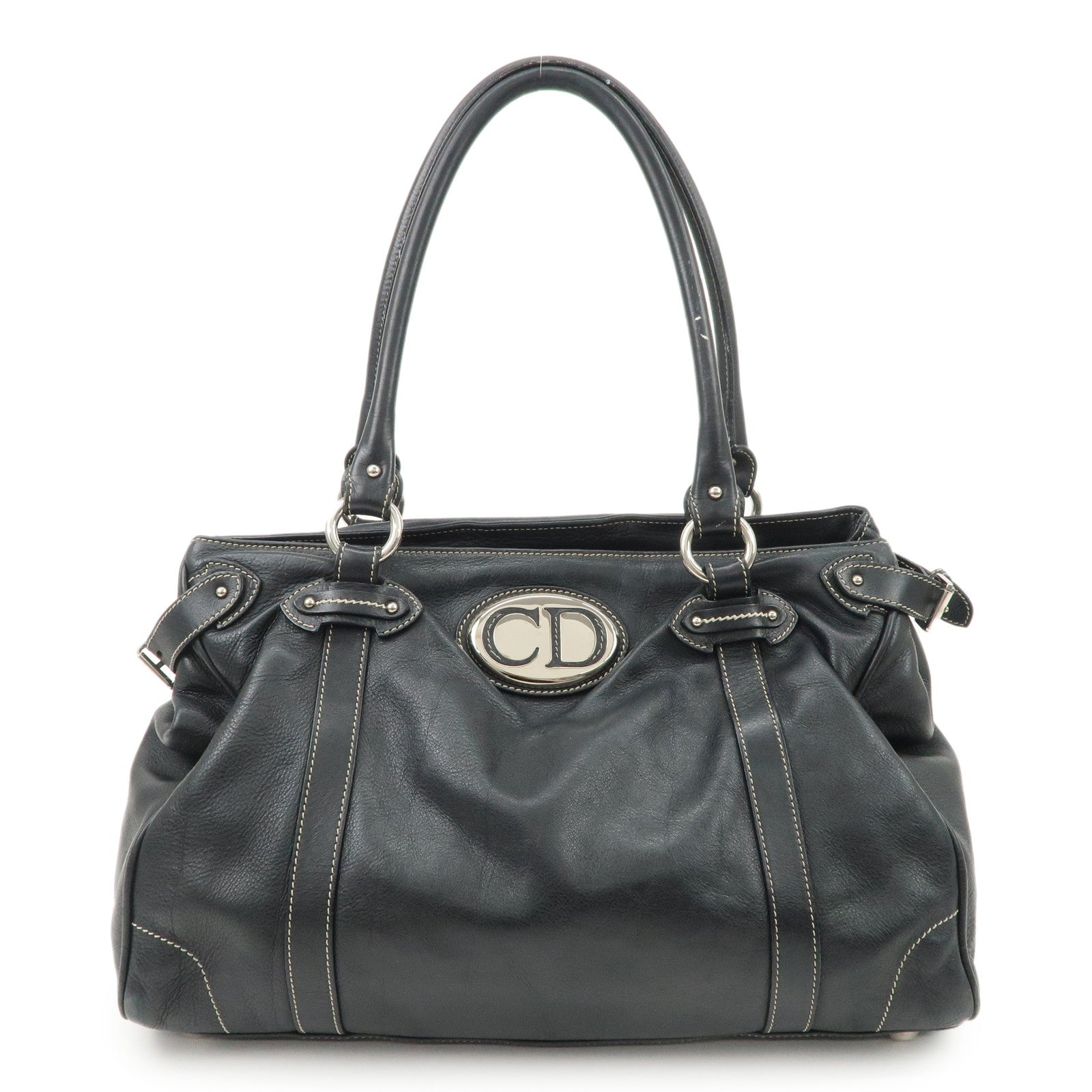 Christian Dior Leather Shoulder Bag Hand Bag Black Silver HDW