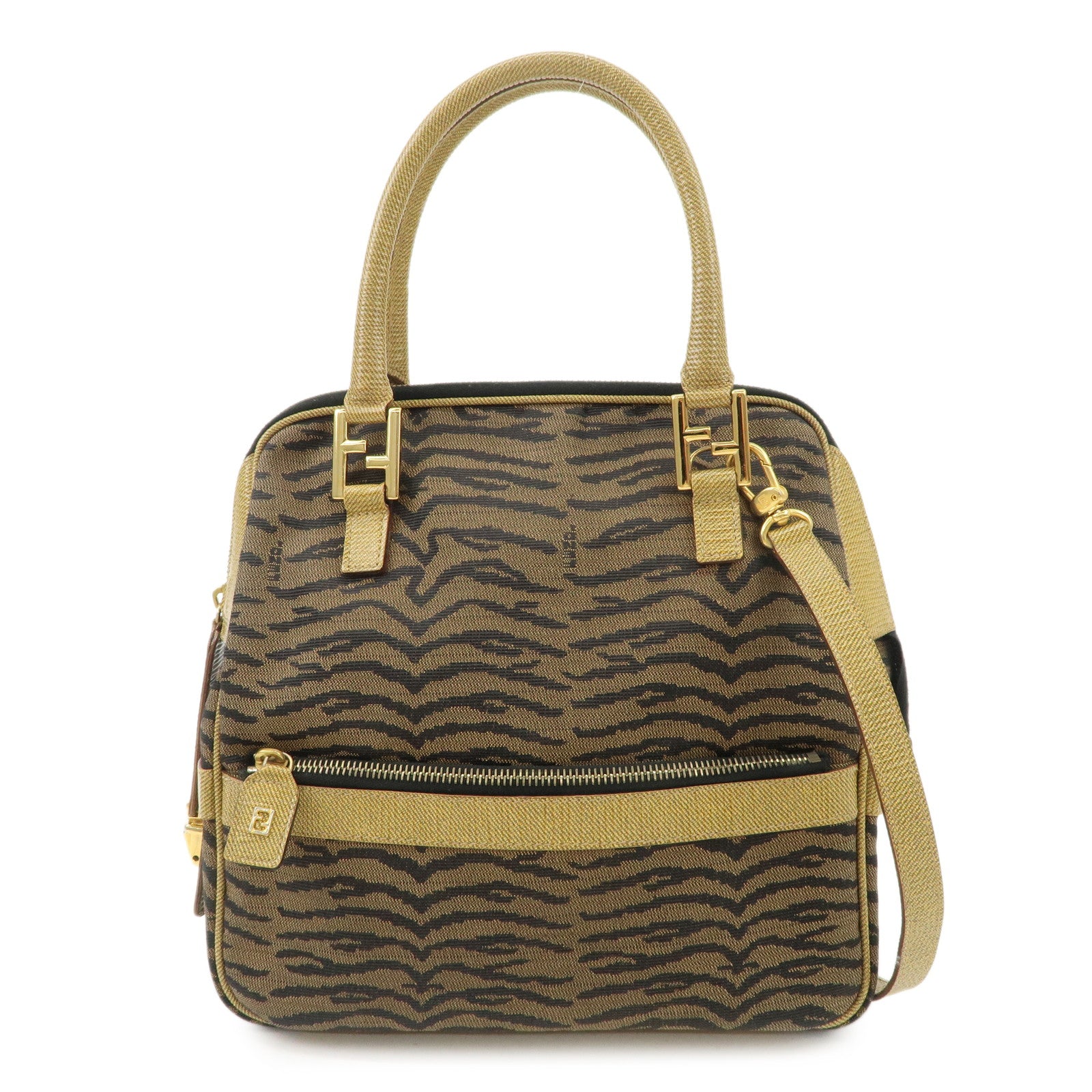 FENDI Leather Canvas 2Way Bag Hand Bag Zebra Print Black Brown Used