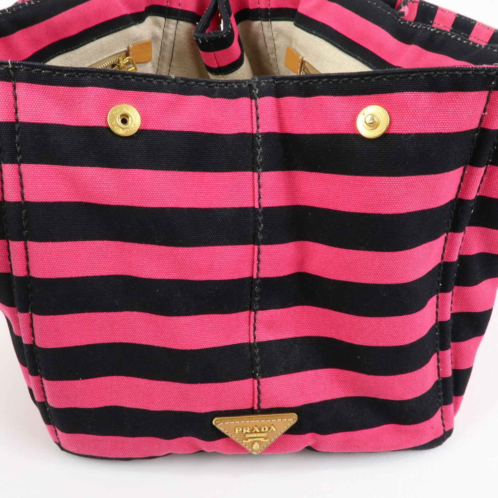 PRADA Canapa Large Triangle Logo Tote Bag Striped Pink Black B1872B