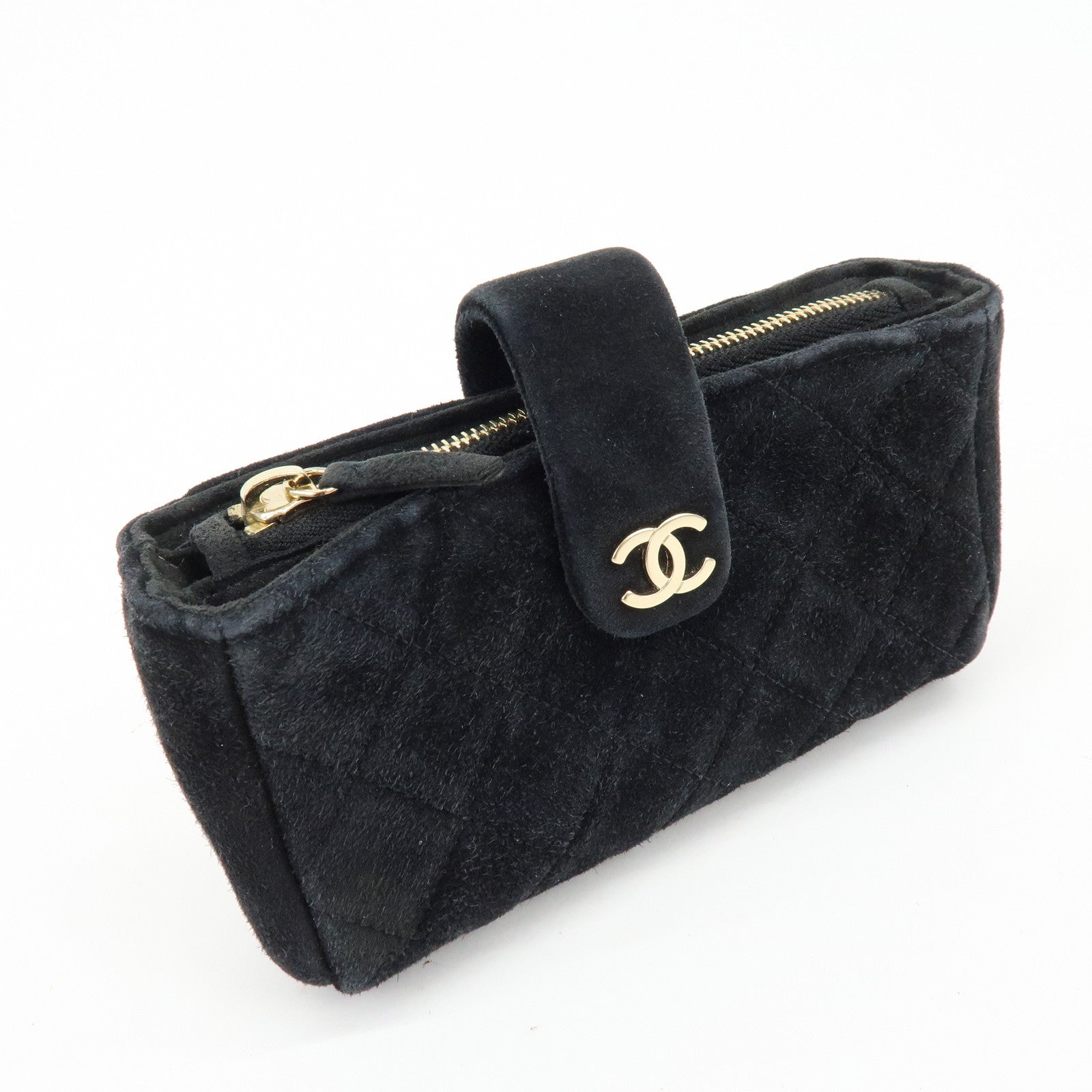 CHANEL Matelasse COCO Mark Suede Cosmetic Makeup Pouch Black