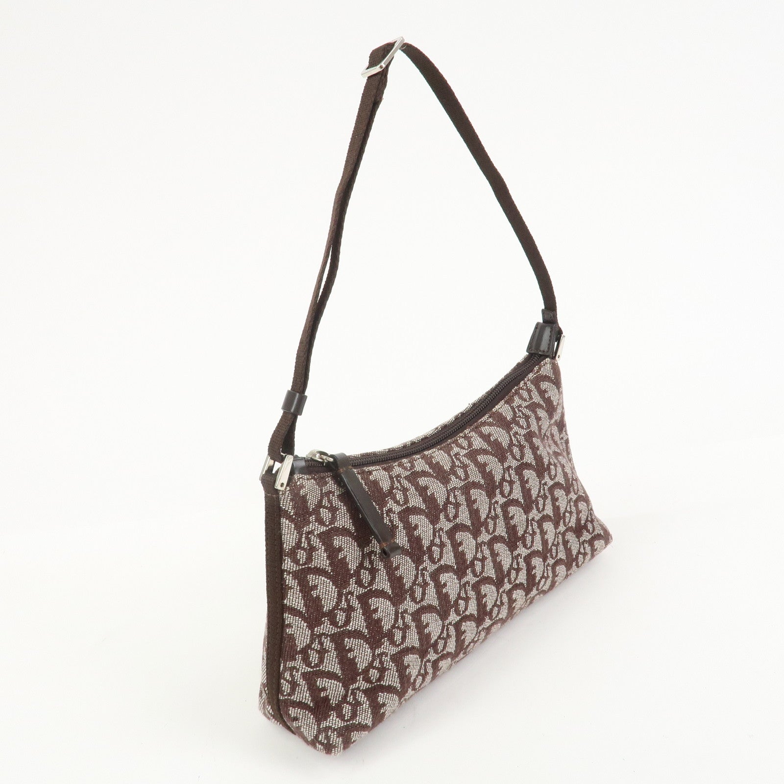 Christian Dior Trotter Jacquard Canvas Leather Shoulder Bag Brown