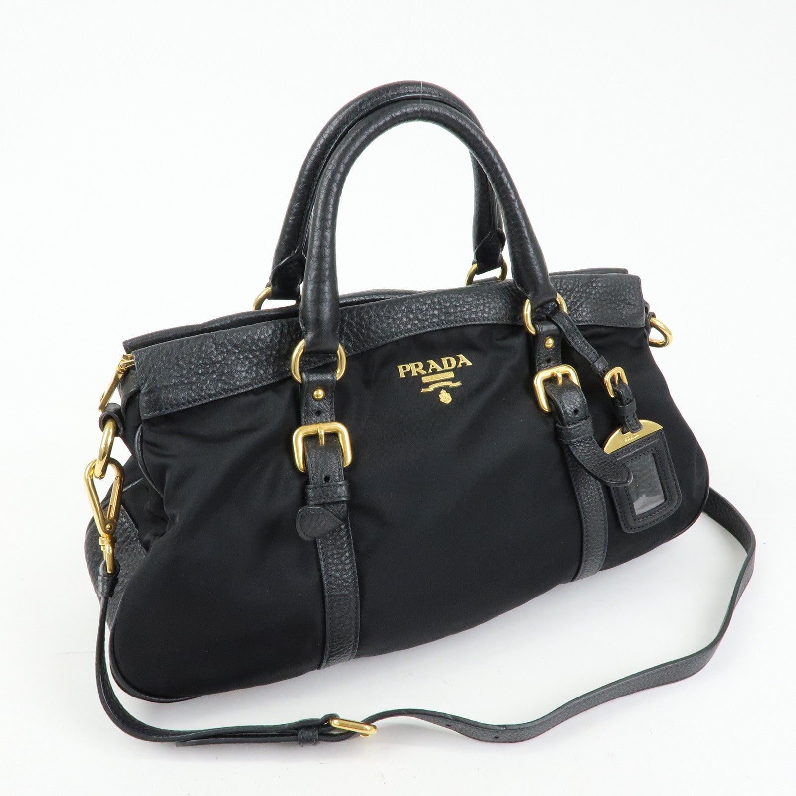 PRADA Logo Nylon Leather 2Way Shoulder Bag Hand Bag Black BN2032