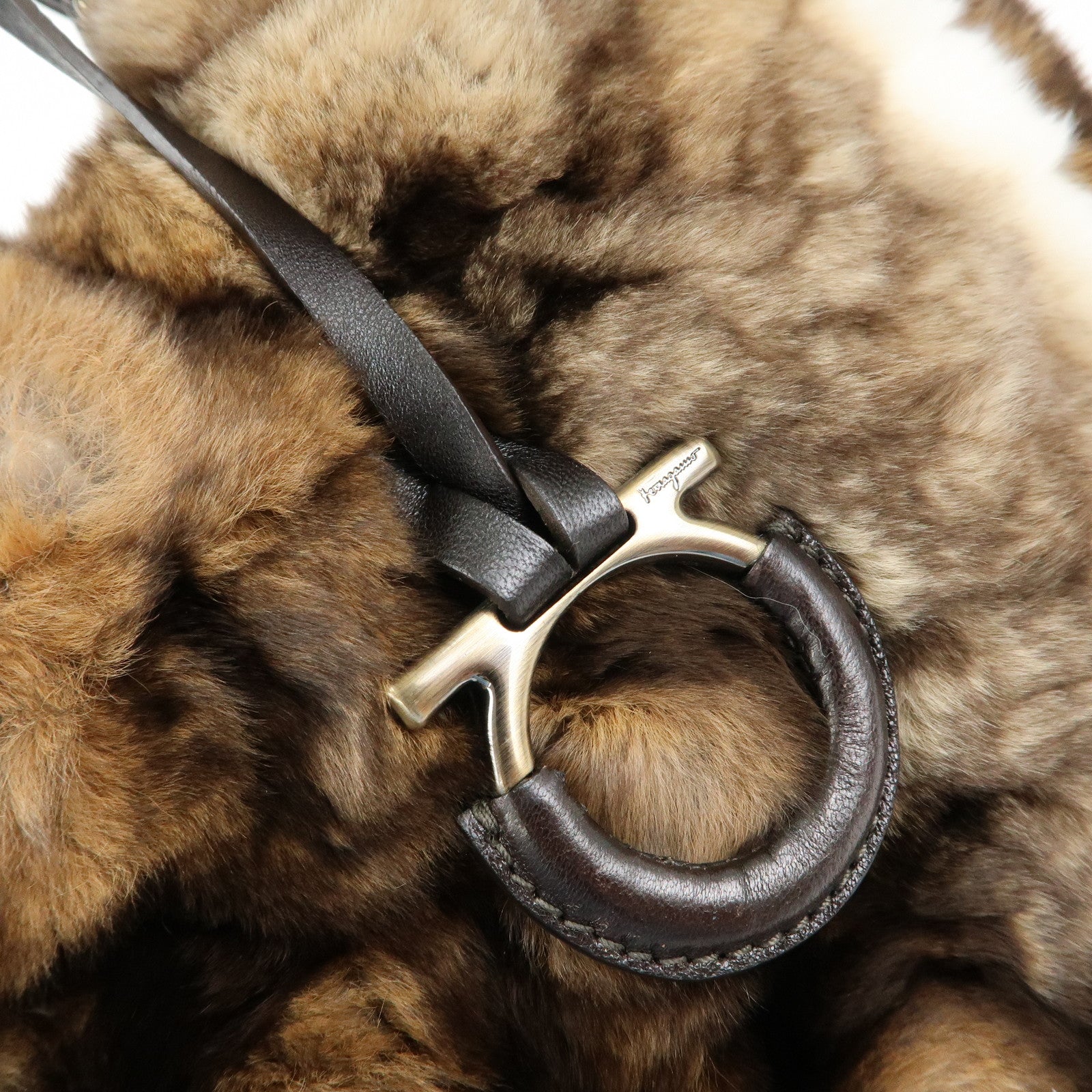 Ferragamo Gancini Rabbit Fur Leather Hand Bag Tote Bag Brown