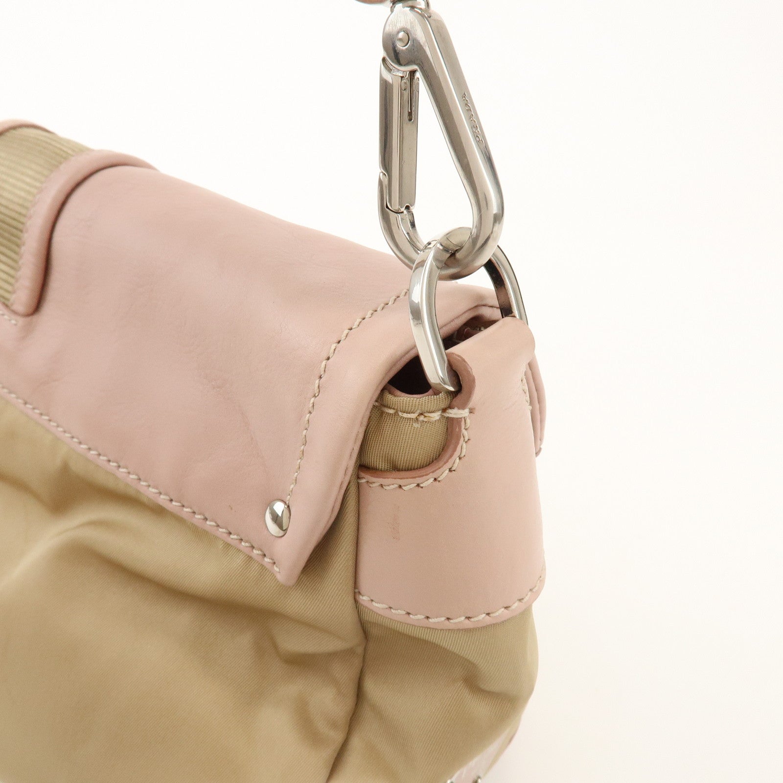 PRADA Triangle Logo Nylon Leather Shoulder Bag Beige Pink BR2417