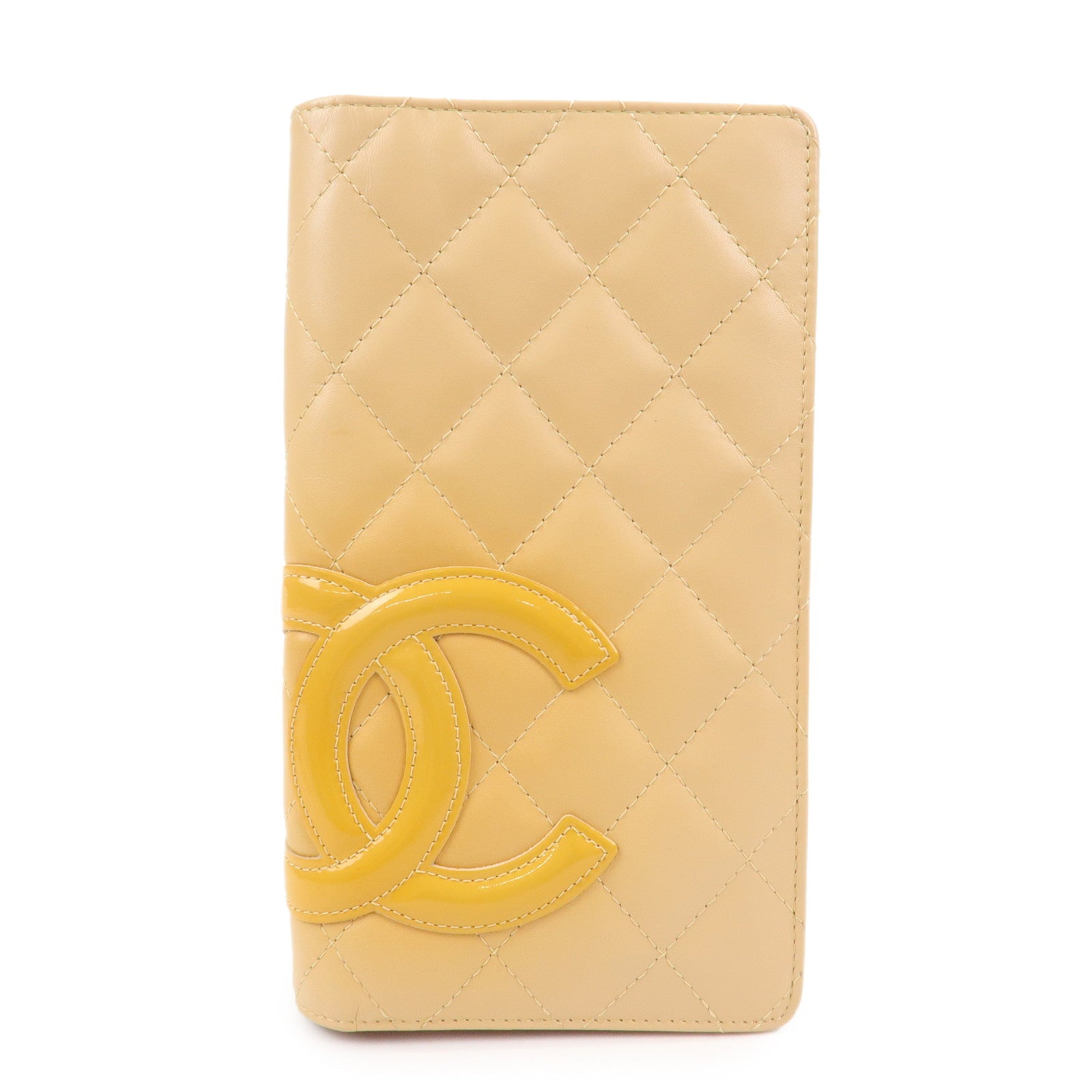 CHANEL Cambon Lamb Skin Leather Bi-fold Wallet Beige A26717