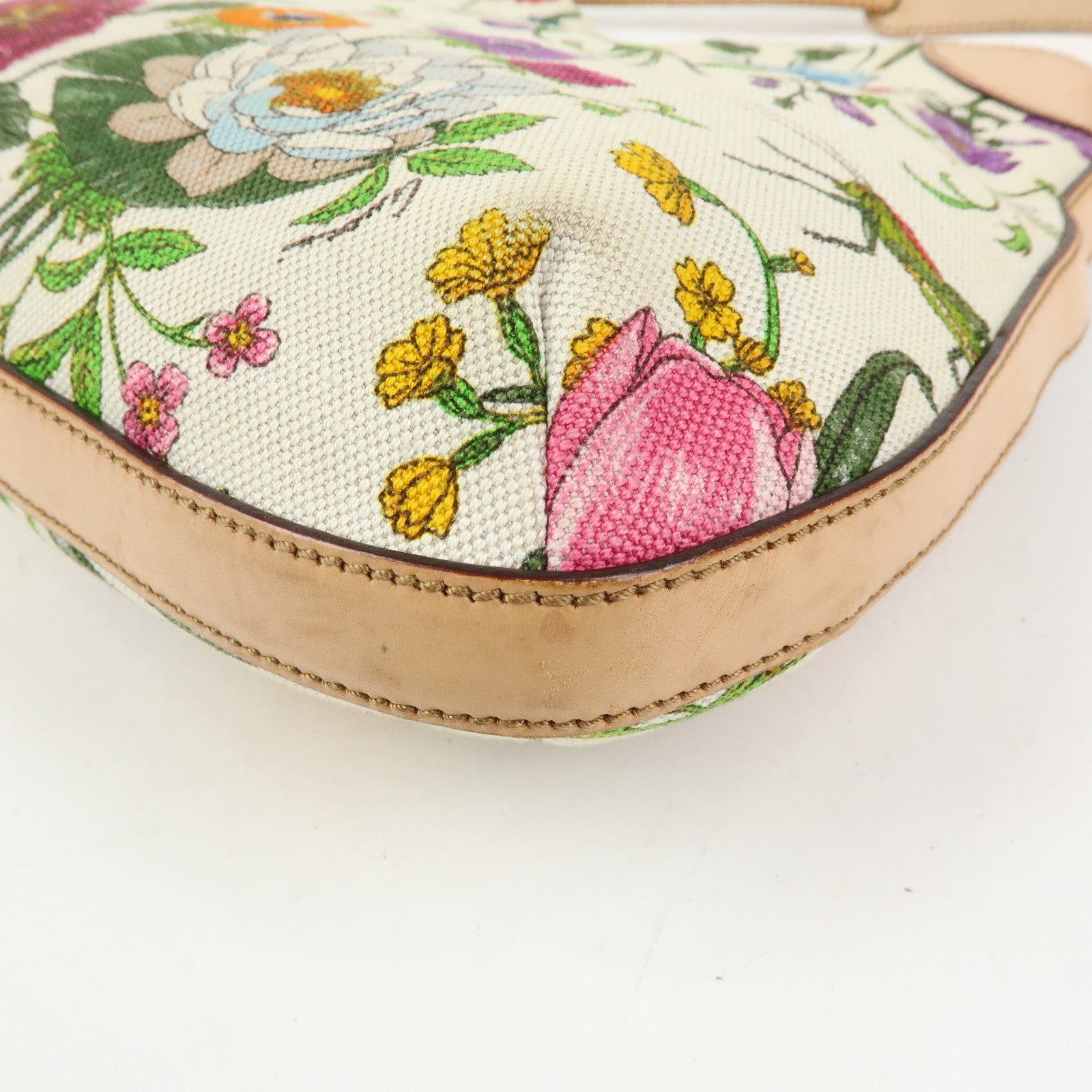 GUCCI Horsebit Flora Leather Canvas Shoulder Bag Beige White 137388