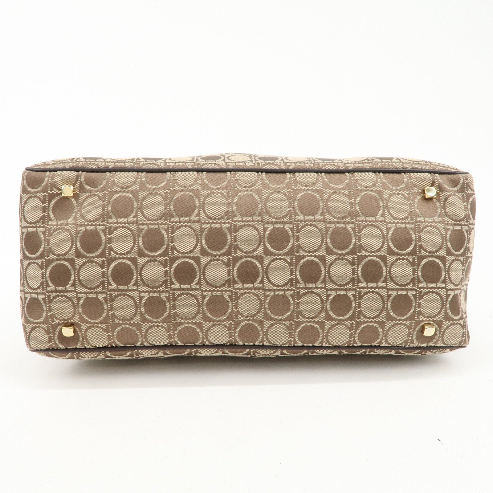 Ferragamo Gancini Leather Canvas Shoulder Bag Hand Bag Beige Brown