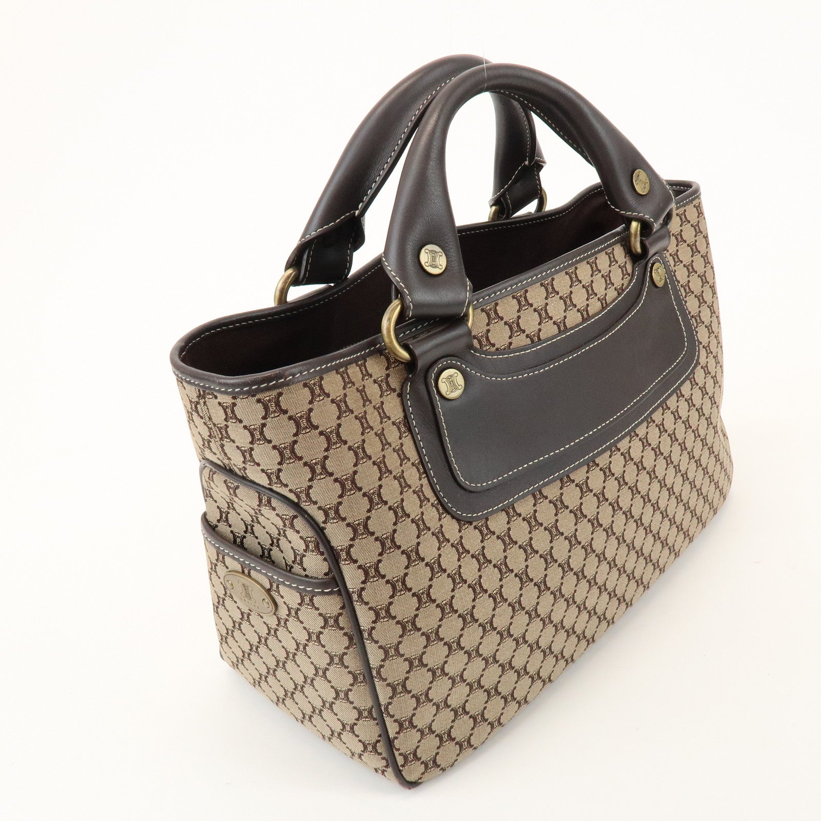 CELINE Macadam Boogie Bag Canvas Leather Hand Bag Tote Bag Beige