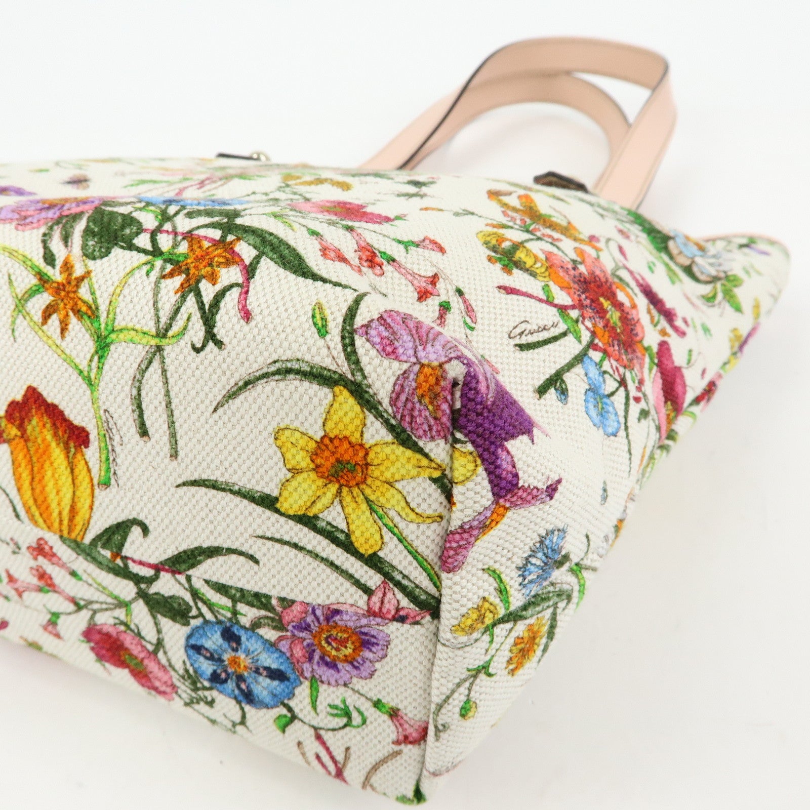 GUCCI Flora Flower Motif Canvas Leather Tote Bag White Pink 240018