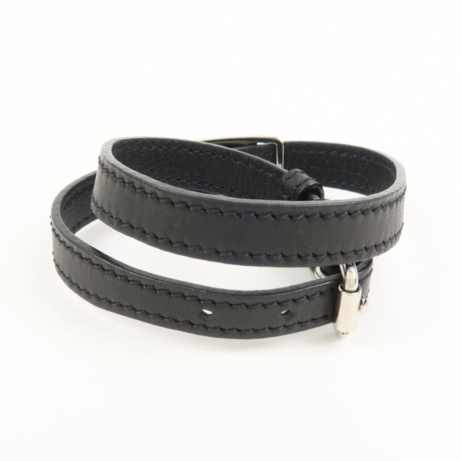 Louis Vuitton Leather Metal Double Tour Bracelet Black Silver