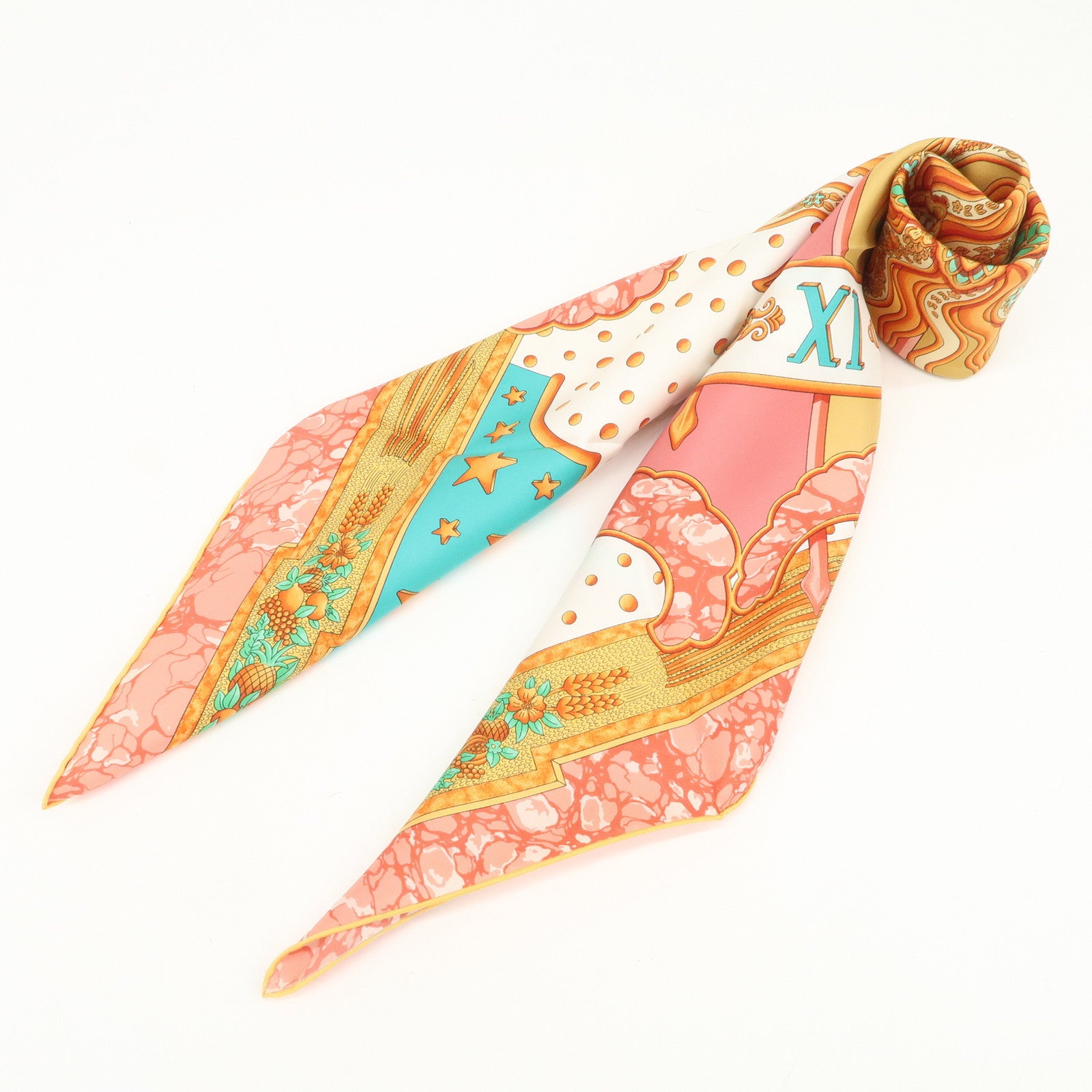 HERMES Carre 90 Silk 100% Scarf CARPE DIEM Pink White