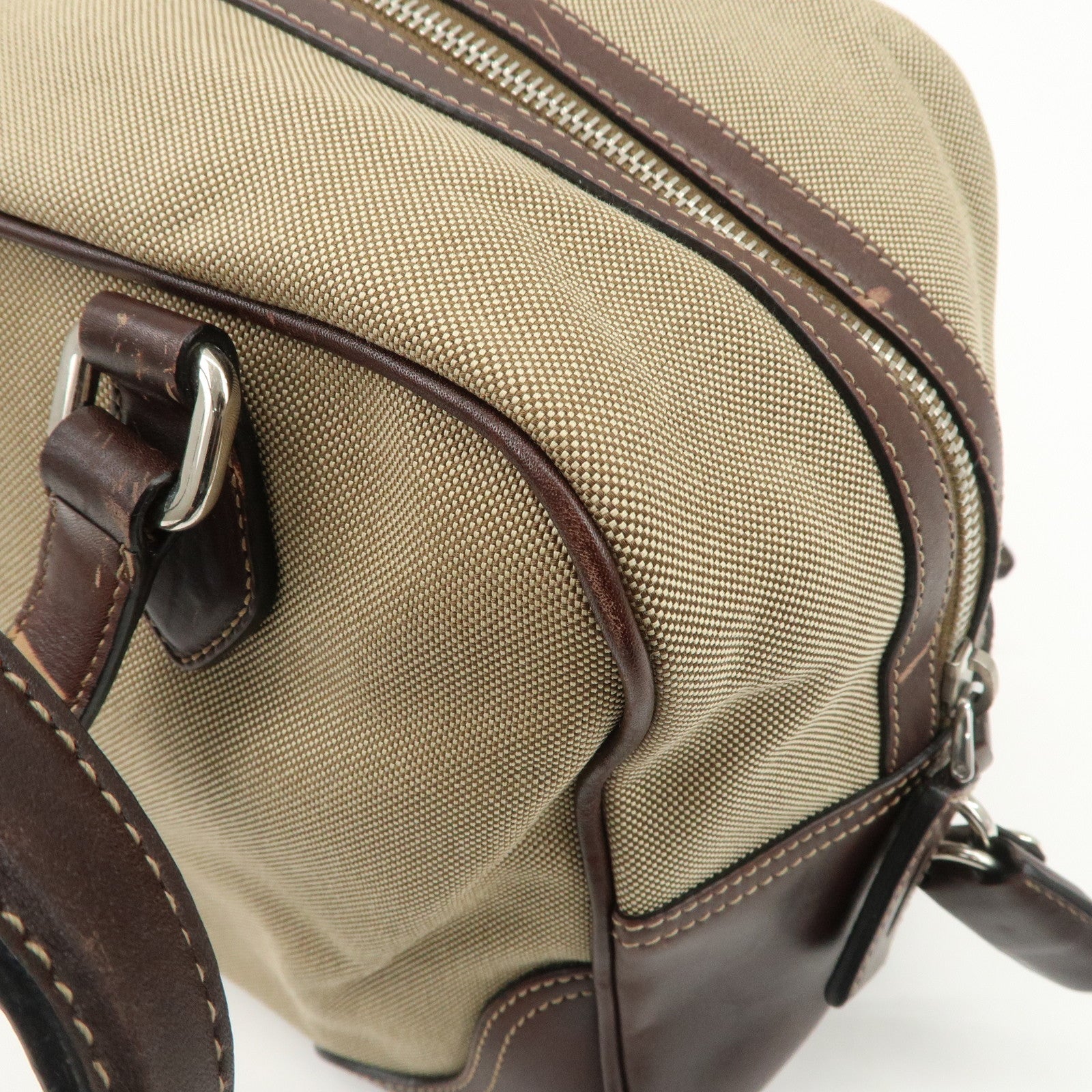 PRADA Logo Jacquard Leather Boston Bag Shoulder Bag Beige BL0260 Used