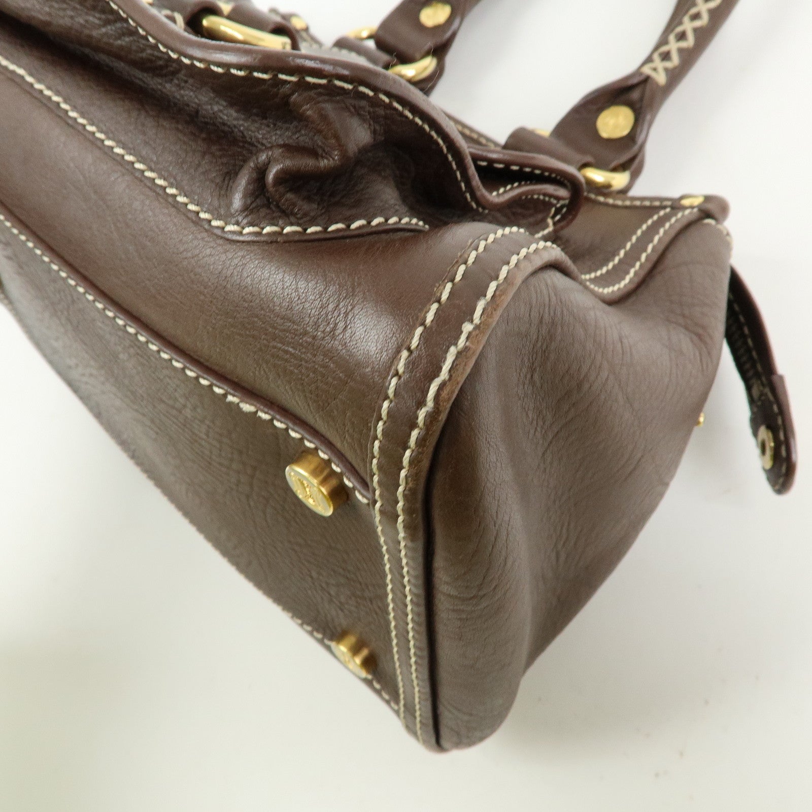 CELINE Logo Leather Hand Bag Mini Boston Bag Dark Brown