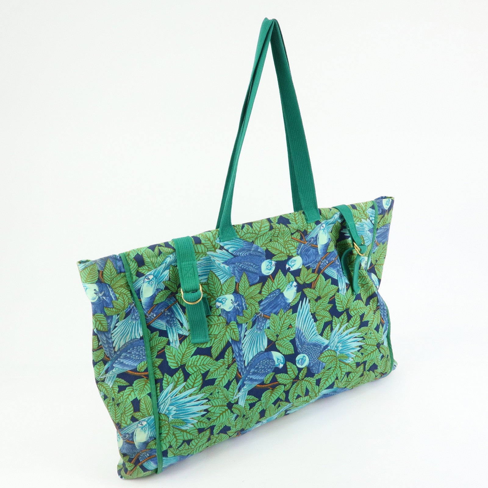HERMES Canvas Large Beach Tote Bag Botanical Motif Blue Green