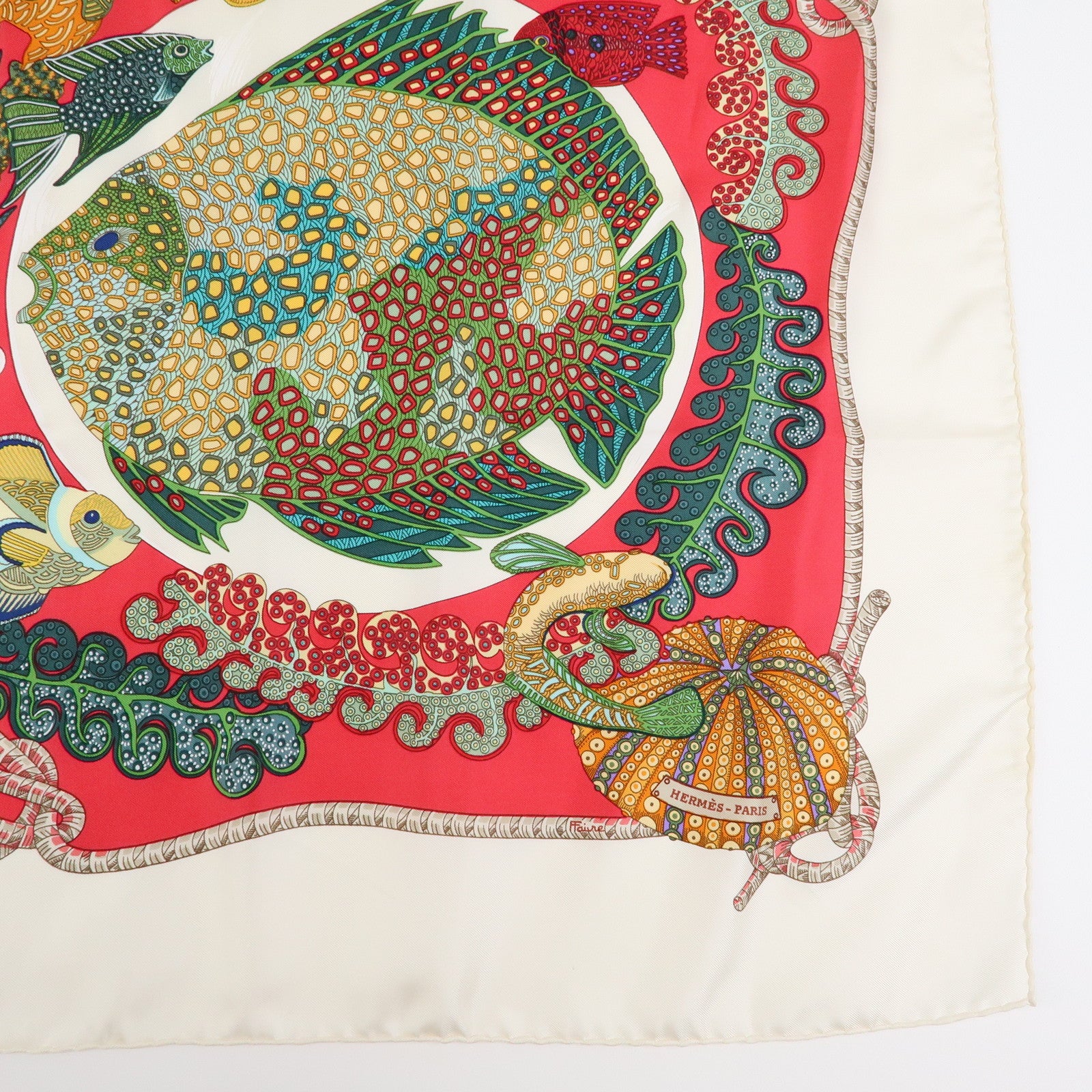 HERMES Carre 90 Silk 100% GRANDS FONDS Red White Multi Color