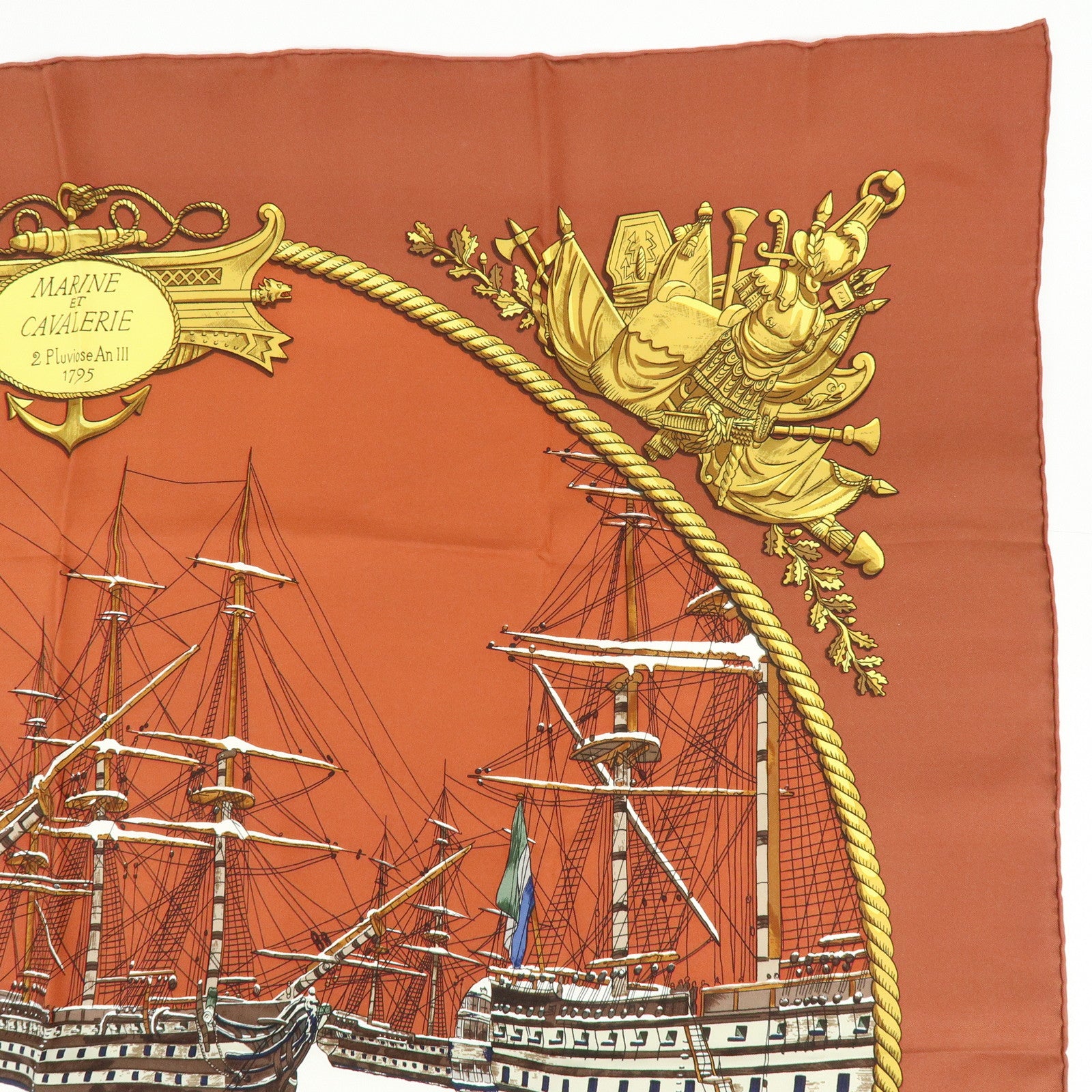 HERMES Carre 90 Silk 100% Scarf MARINE ET CAVALERIE Brown