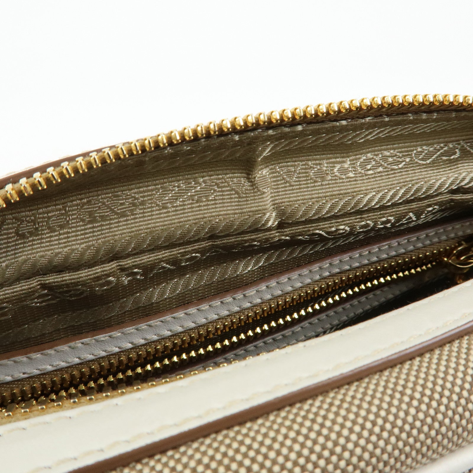 PRADA Logo Jacquard Leather Shoulder Bag Beige White 1BH089