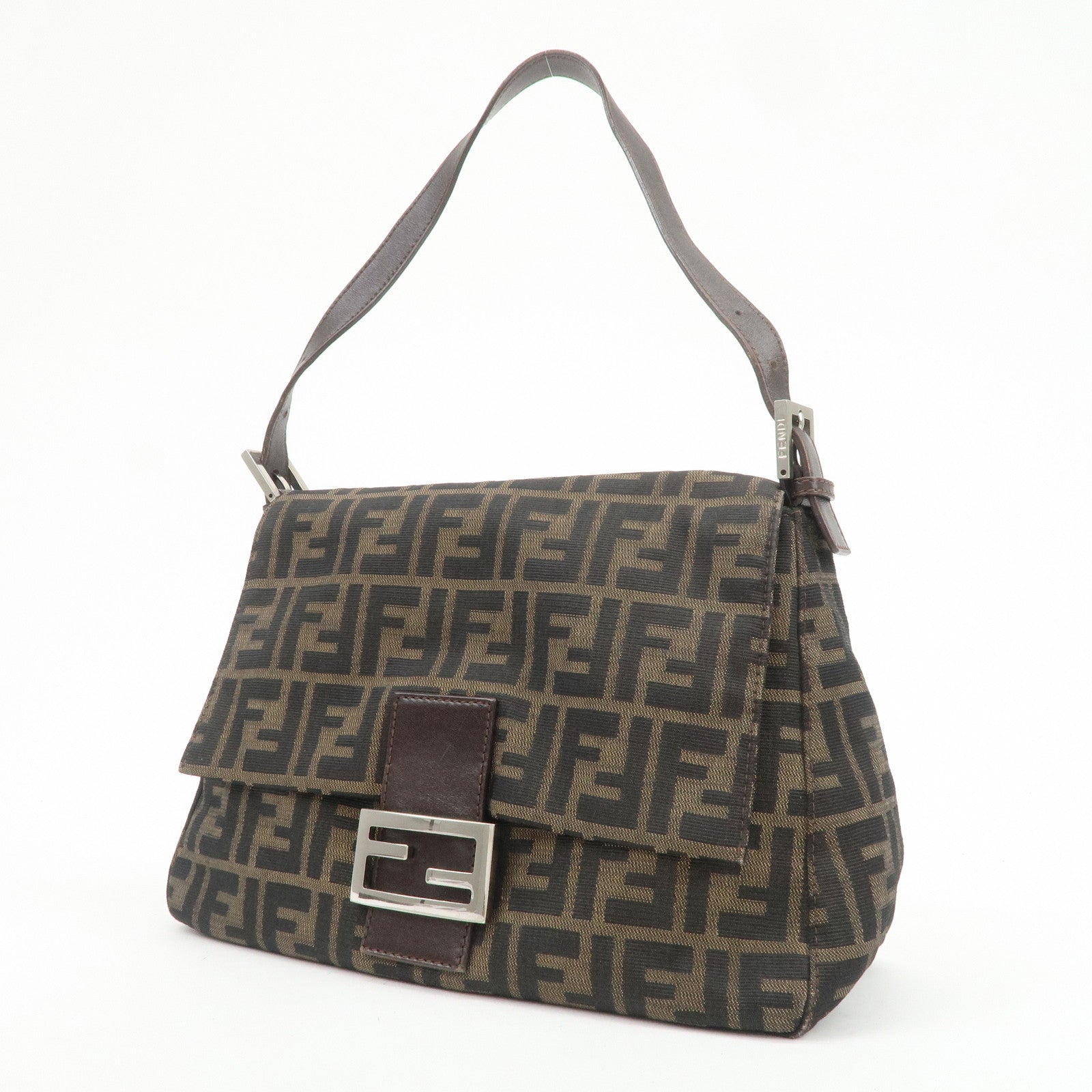 FENDI Mamma Baguette Zucca Canvas Leather Shoulder Bag Brown 26325