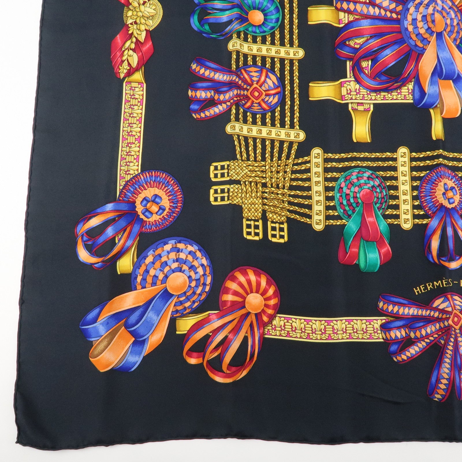 HERMES Carre90 Silk 100% Scarf Black Yellow Used