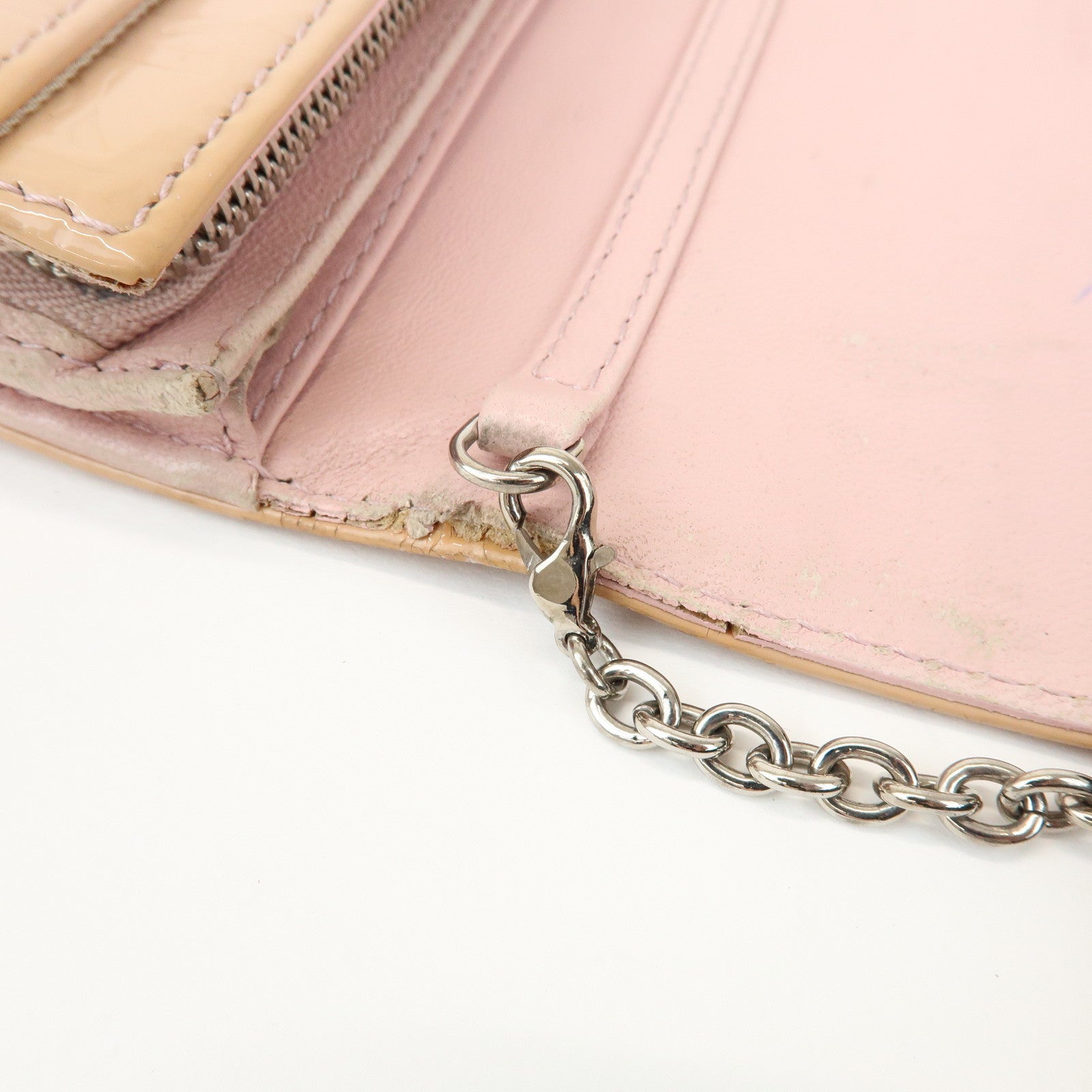 Christian Dior Patent Leather Chain Wallet Long Wallet WOC Beige
