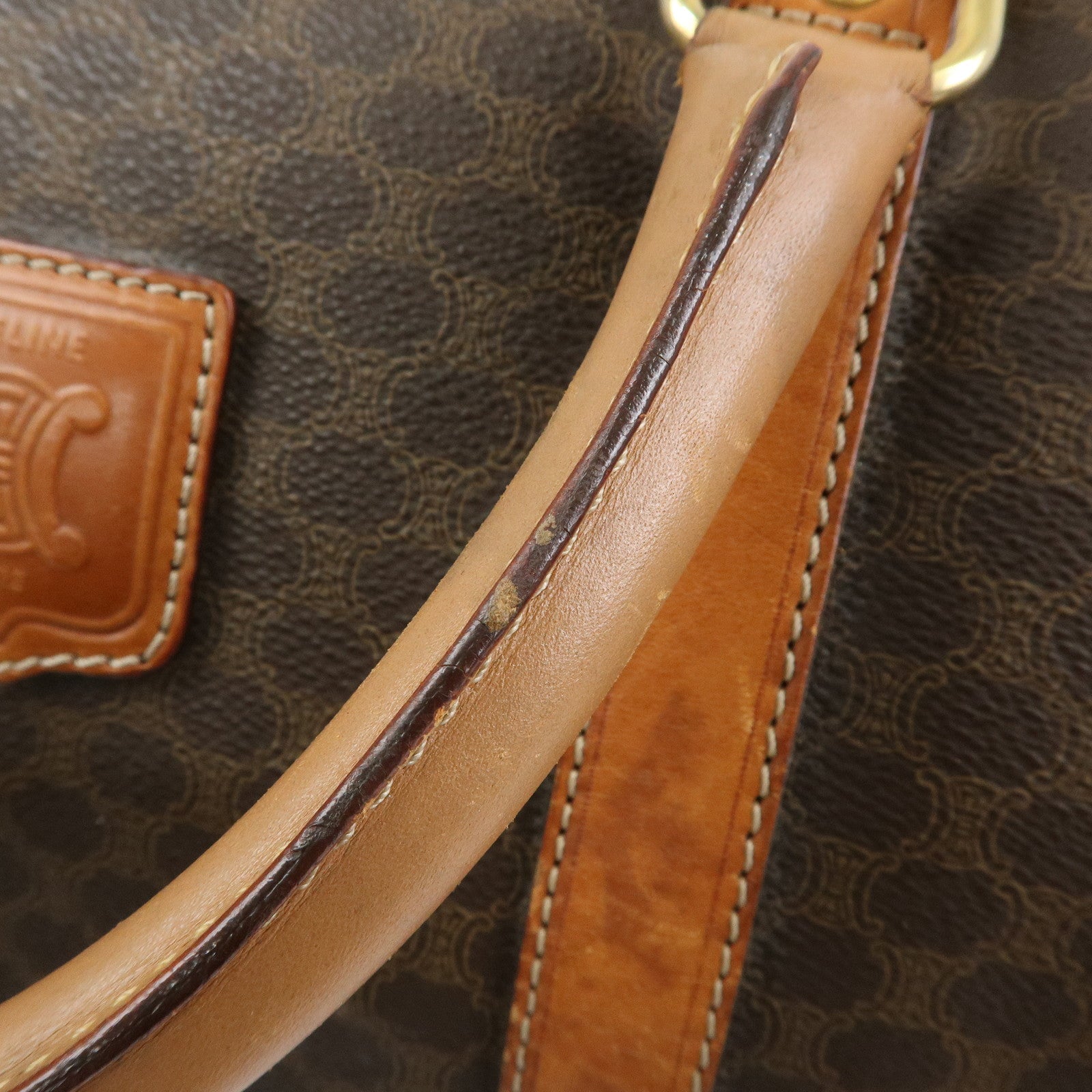 CELINE Logo Macadam PVC Leather Boston Bag Hand Bag Brown