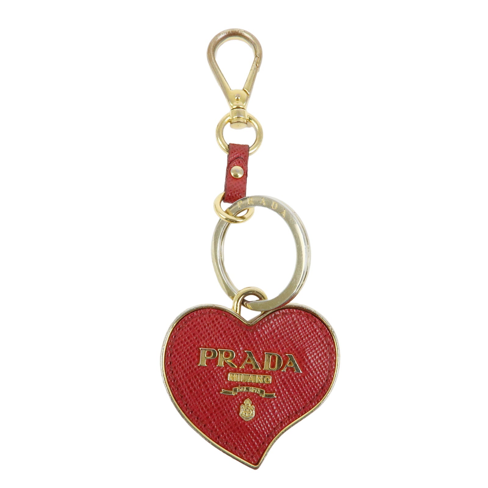 PRADA Metal Saffiano Leather Heart Bag Key Charm Key Chain Red