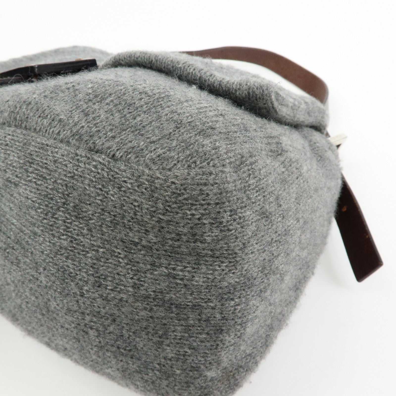 FENDI Mamma Baguette Wool Leather Shoulder Bag Grey Brown 26325