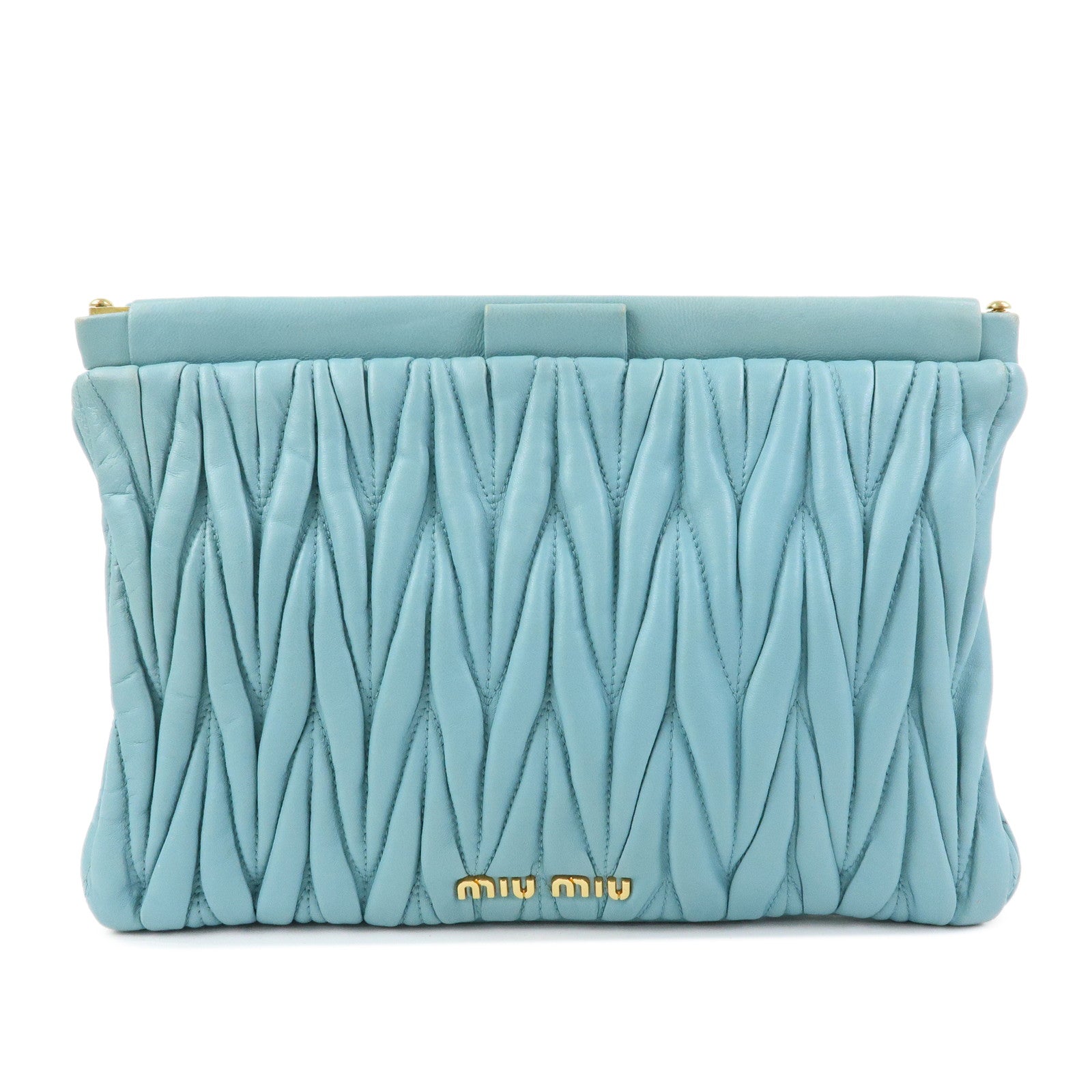 MIU MIU Logo Matelasse Nappa Leather Clutch Bag Light Blue 5N1573