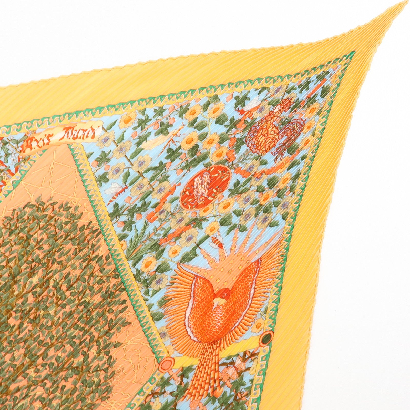 HERMES Pleated Carre 90 Silk 100% Scarf AXIS MUNDI Tree Print