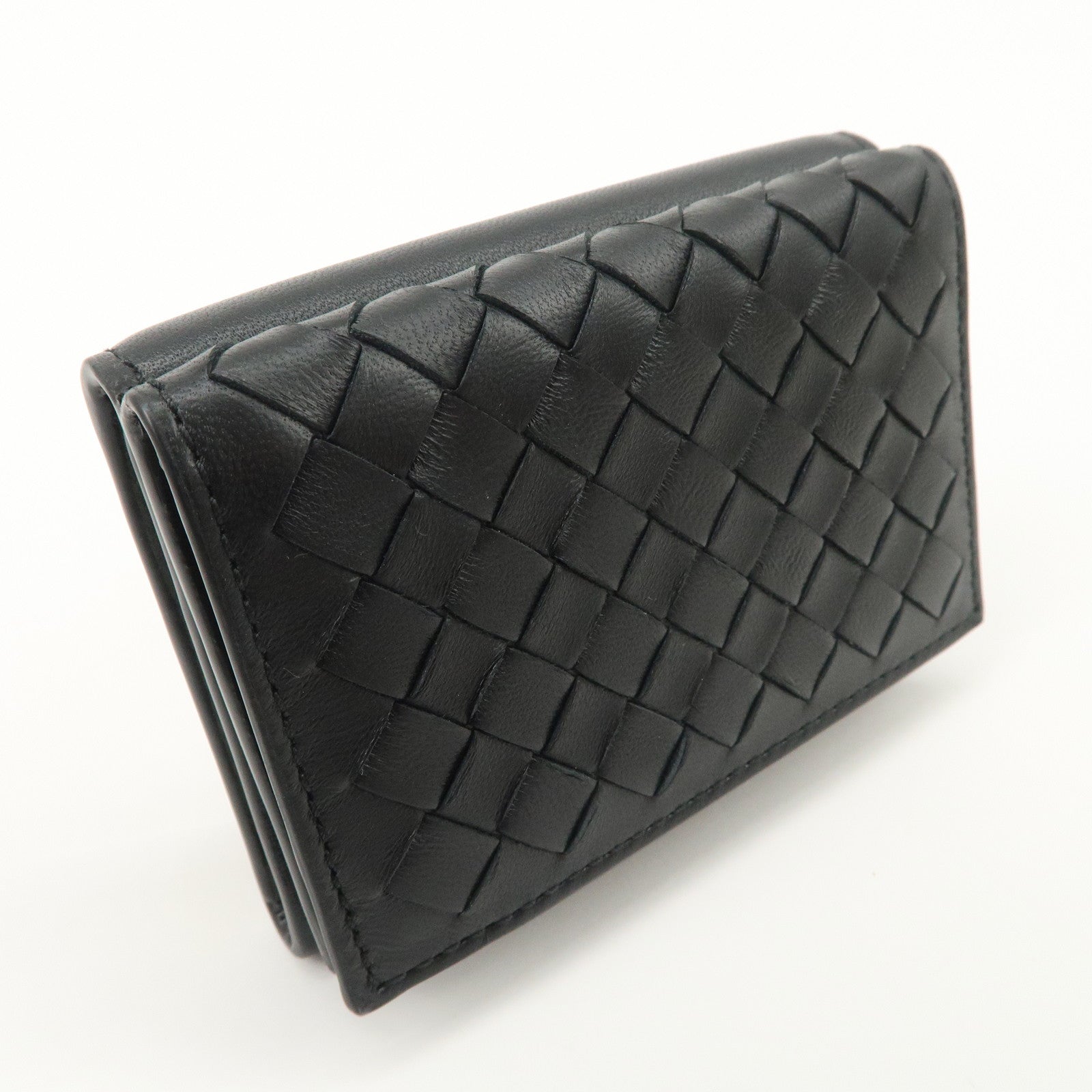 Bottega Veneta  Intrecciato Leather Tri-fold Compact Wallet Black