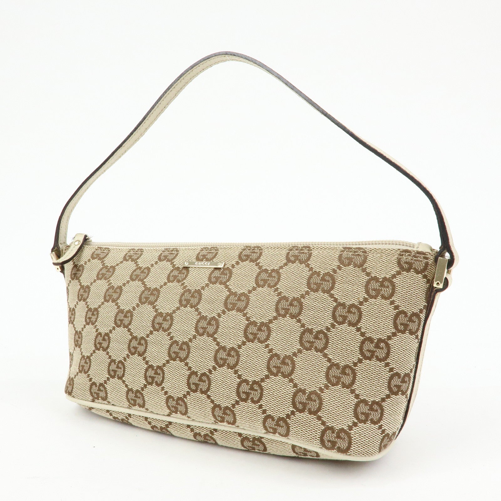 GUCCI Boat Bag GG Canvas Leather Accessory Pouch Beige White 07198