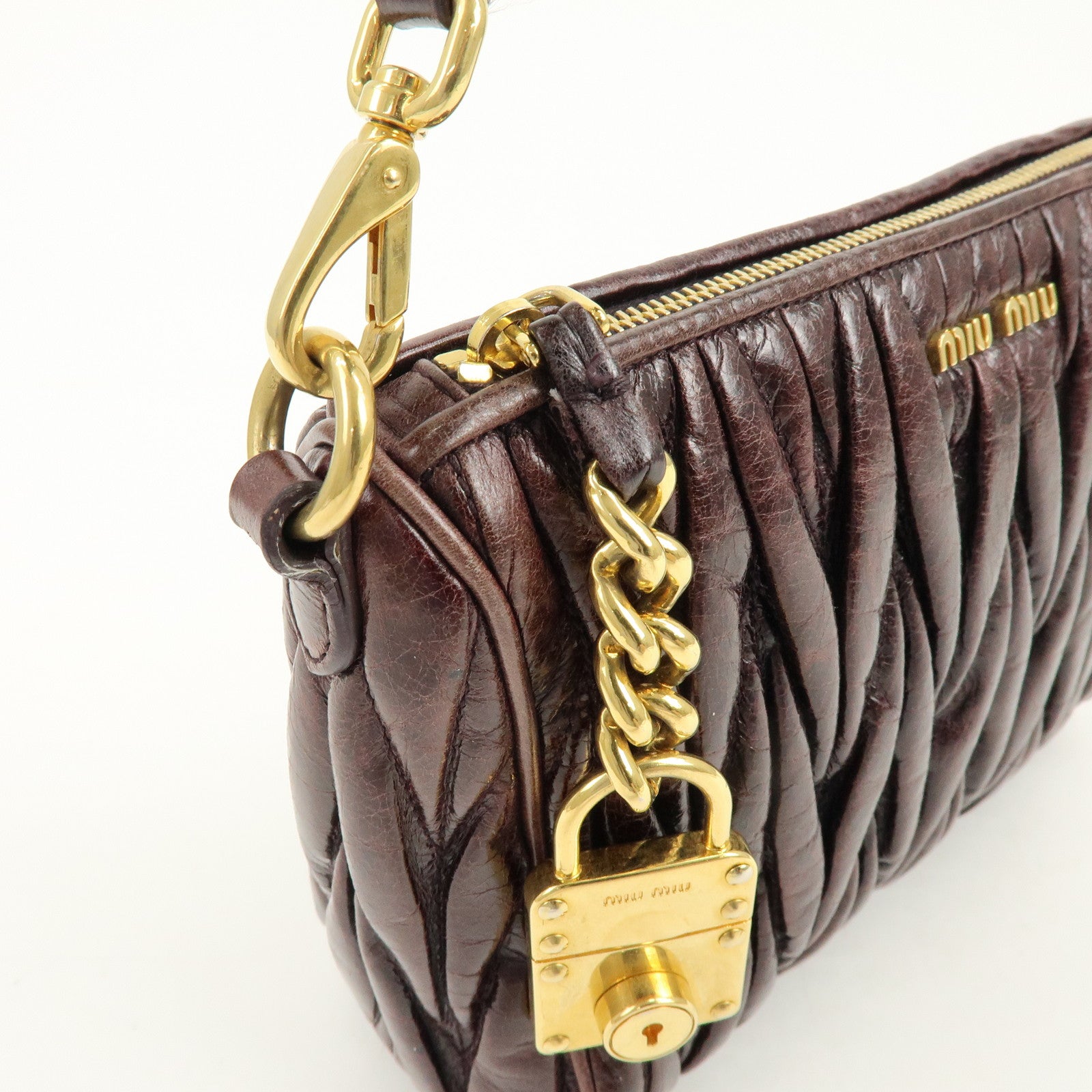 MIU MIU Matelasse Gathered Leather Hand Bag Brown
