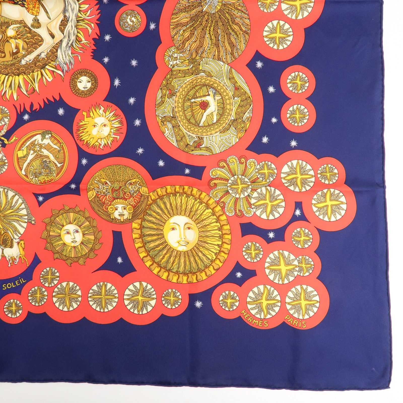 HERMES Pleats Carre Silk 100% Scarf Le Roy Soleil Navy Red Used
